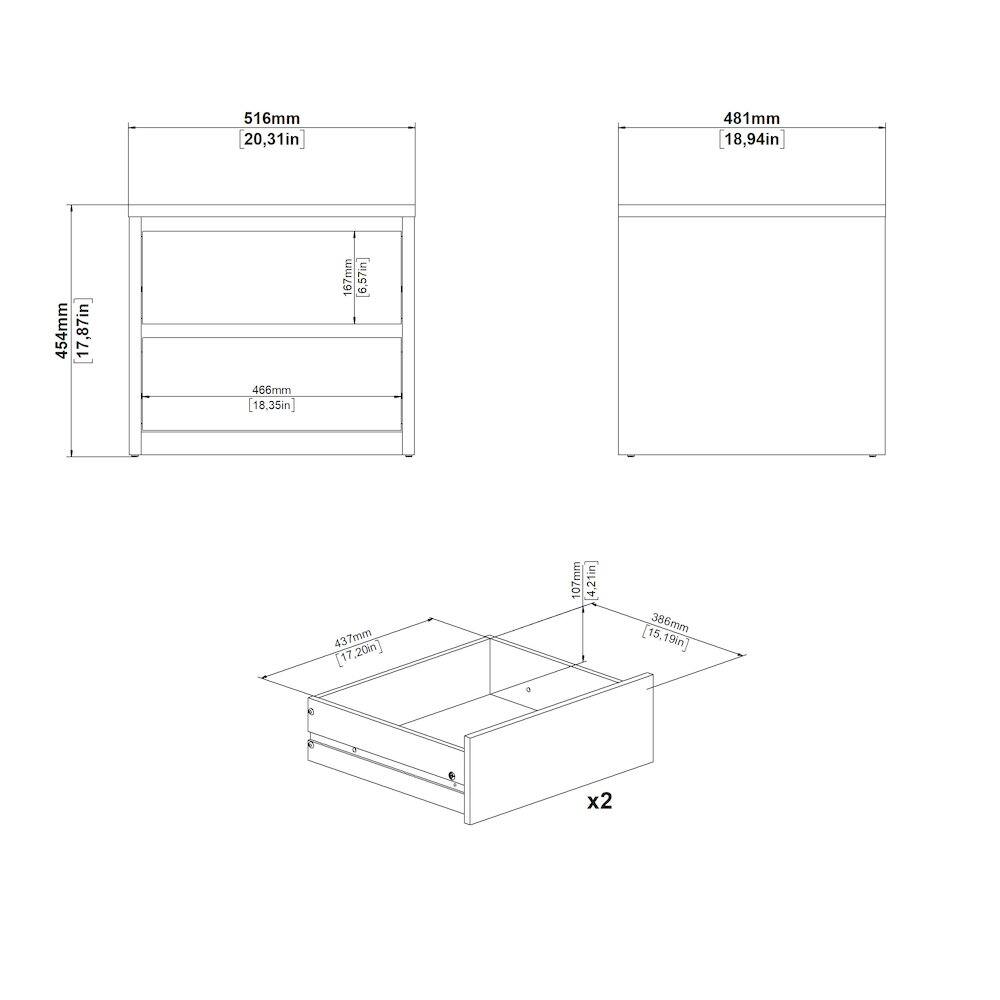 516mm 20.31in  
481mm 18.94in  
454mm 17.87in  
466mm 18.35in  
167mm 6.57in  
437mm 17.20in  
107mm 4.21in  
386mm 15.19in  
437mm 17.20in  
x2