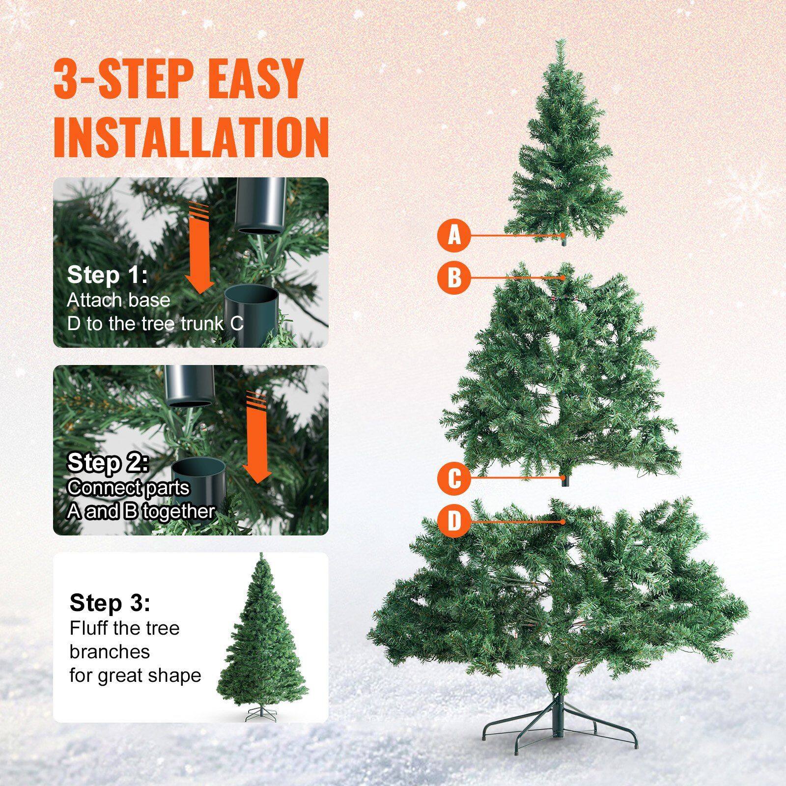 3-STEP EASY INSTALLATION

Step 1: Attach base D to the tree trunk C

Step 2: Connect parts A and B together

Step 3: Fluff the tree branches for great shape