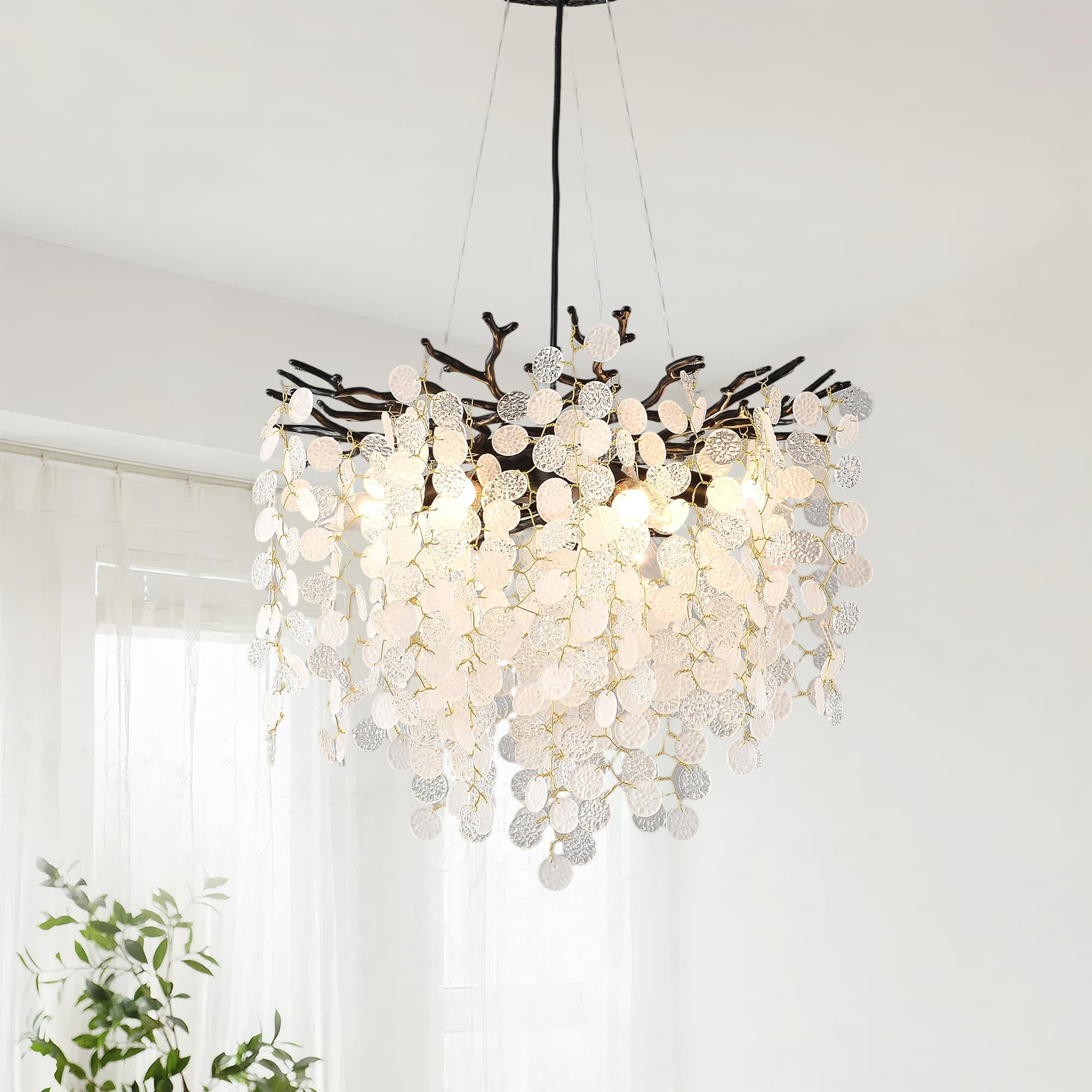 RYHNUYNE - Modern Black Tree Branch Chandelier with Snowflake Accents 6-Light Adjustable Linear Pendant Light for Dining Room