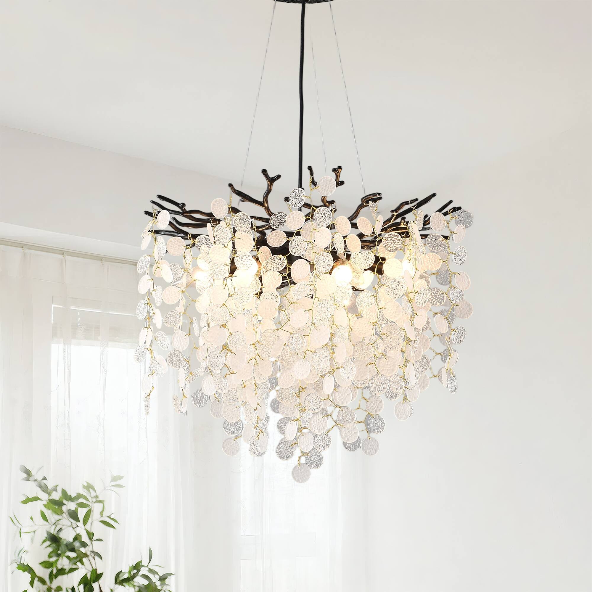 Front. RYHNUYNE - Modern Black Tree Branch Chandelier with Snowflake Accents 6-Light Adjustable Linear Pendant Light for Dining Room.