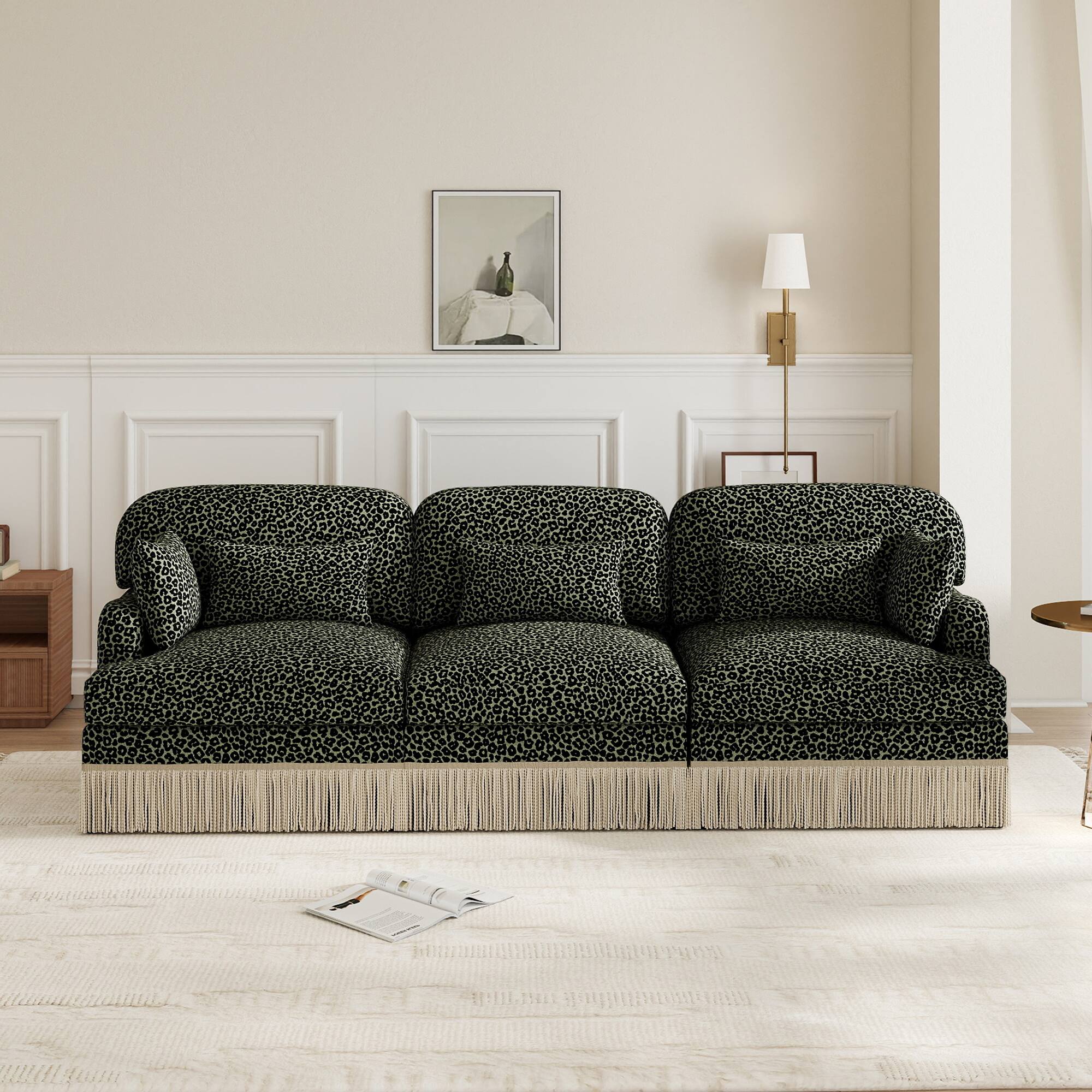 Left. Anysun - 100" Chenille Leopard Print 3-Seater Sofa with Tassel Edge, Modular Sectional Couch, Ergonomic Deep Seat for Living Room - Green.