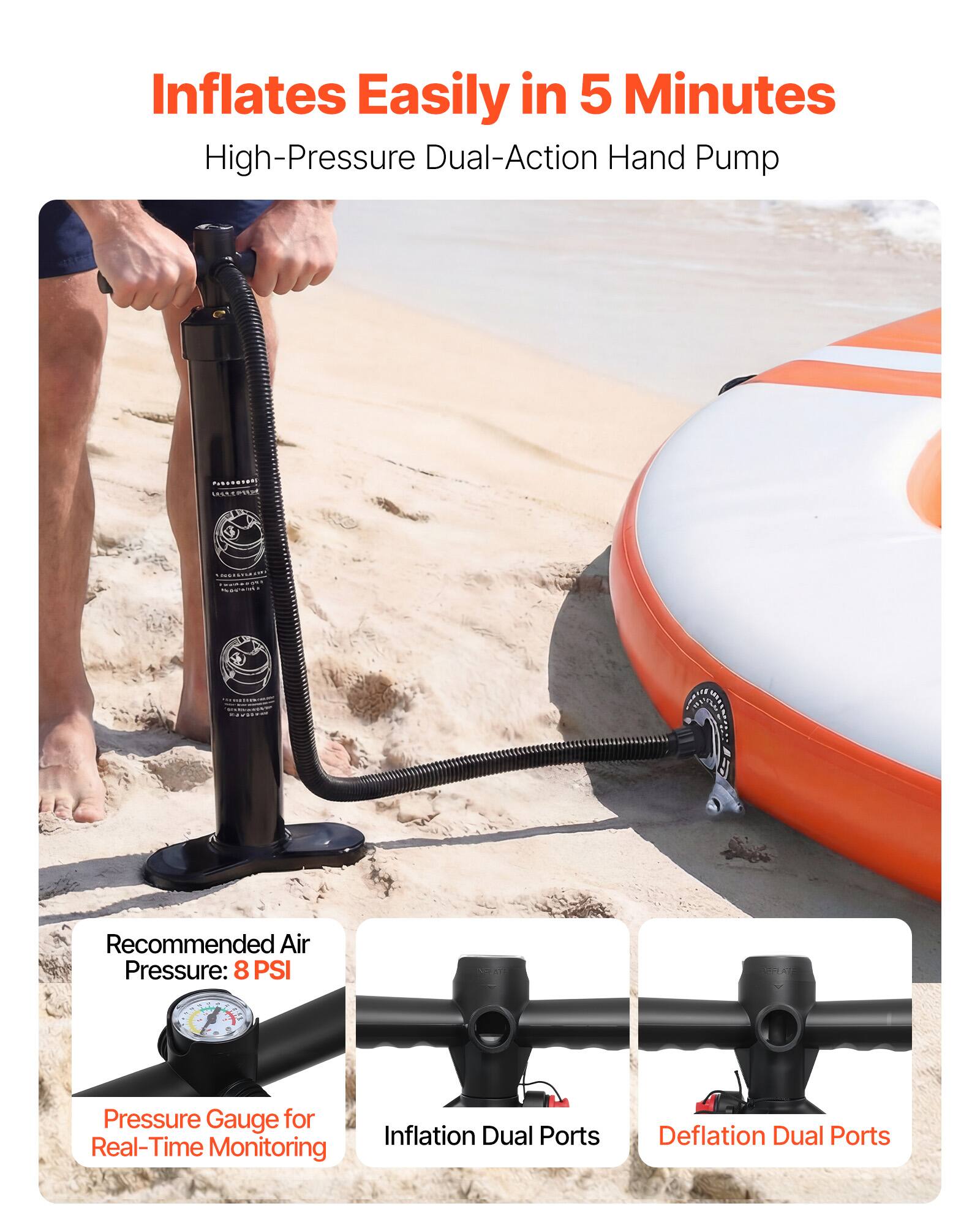 Inflates Easily in 5 Minutes  
High-Pressure Dual-Action Hand Pump  

Recommended Air Pressure: 8 PSI  
Pressure Gauge for Real-Time Monitoring  
Inflation Dual Ports  
Deflation Dual Ports