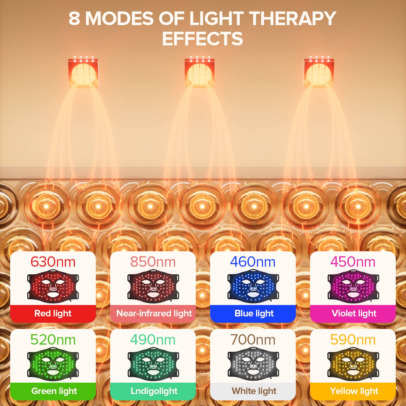 8 MODES OF LIGHT THERAPY EFFECTS

- 630nm Red light
- 850nm Near-infrared light
- 460nm Blue light
- 450nm Violet light
- 520nm Green light
- 490nm Lndigolight
- 700nm White light
- 590nm Yellow light