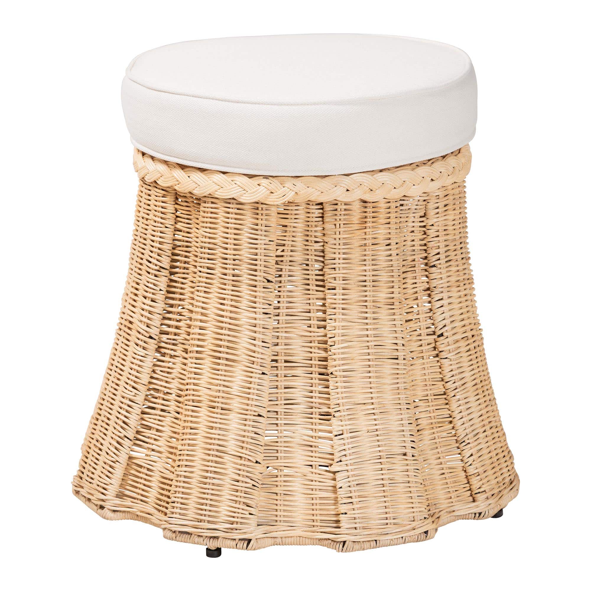 bali & pari - Ying Round Natural Rattan Ottoman with Cushion - Handwoven Wicker Pleated Skirt Accent Coffee Table, Small - Natural Brown price history on PriceWatchPro