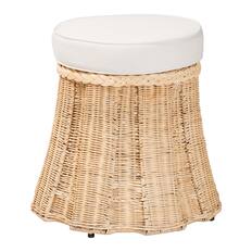 Front. bali & pari - Ying Round Natural Rattan Ottoman with Cushion - Handwoven Wicker Pleated Skirt Accent Coffee Table, Small - Natural Brown.