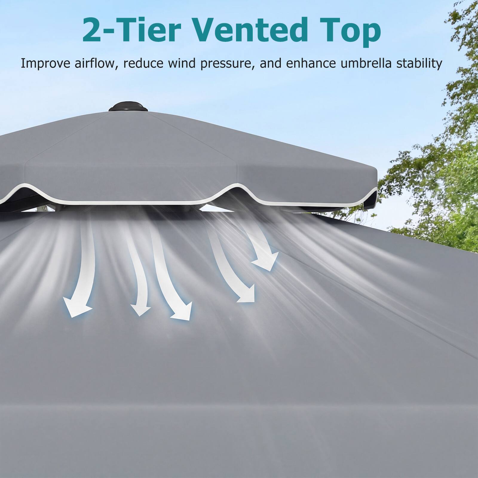 2-Tier Vented Top  
Improve airflow, reduce wind pressure, and enhance umbrella stability