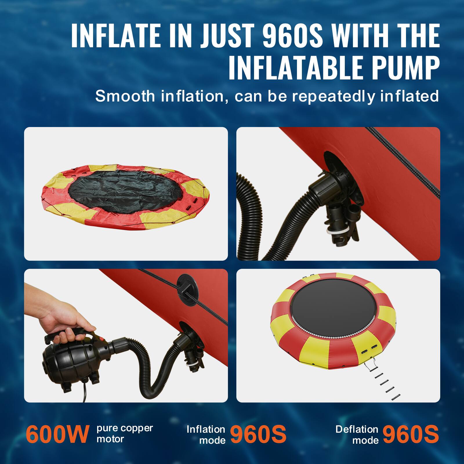 INFLATE IN JUST 960S WITH THE INFLATABLE PUMP. Smooth inflation, can be repeatedly inflated. Pure copper 600W motor. Inflation mode: 960S. Deflation mode: 960S.