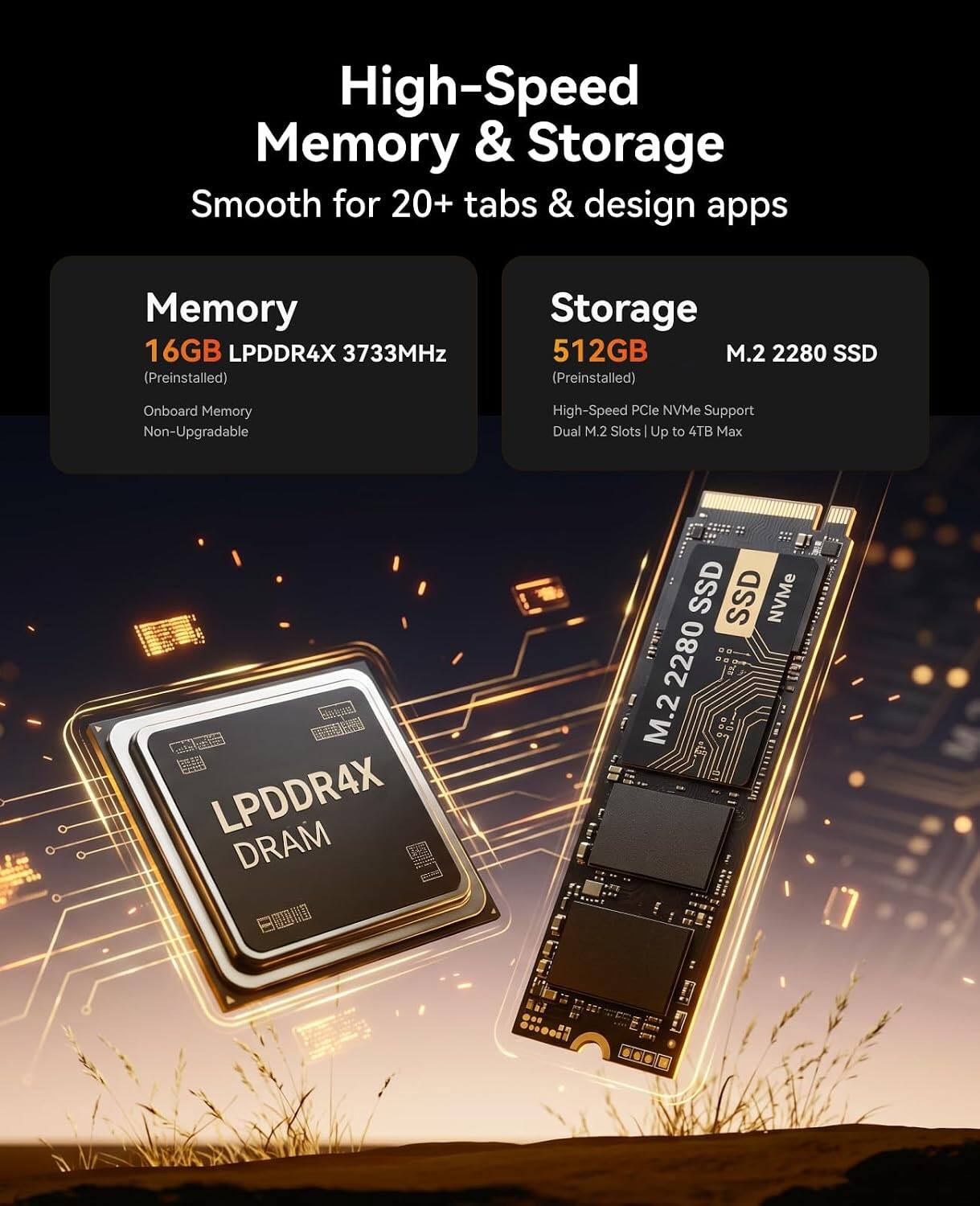 High-Speed Memory & Storage  
Smooth for 20+ tabs & design apps  
Memory: 16GB LPDDR4X 3733MHz (Preinstalled)  
Storage: 512GB M.2 2280 SSD (Preinstalled)  
Onboard Memory Non-Upgradable  
High-Speed PCIe NVMe Support  
Dual M.2 Slots | Up to 4TB Max