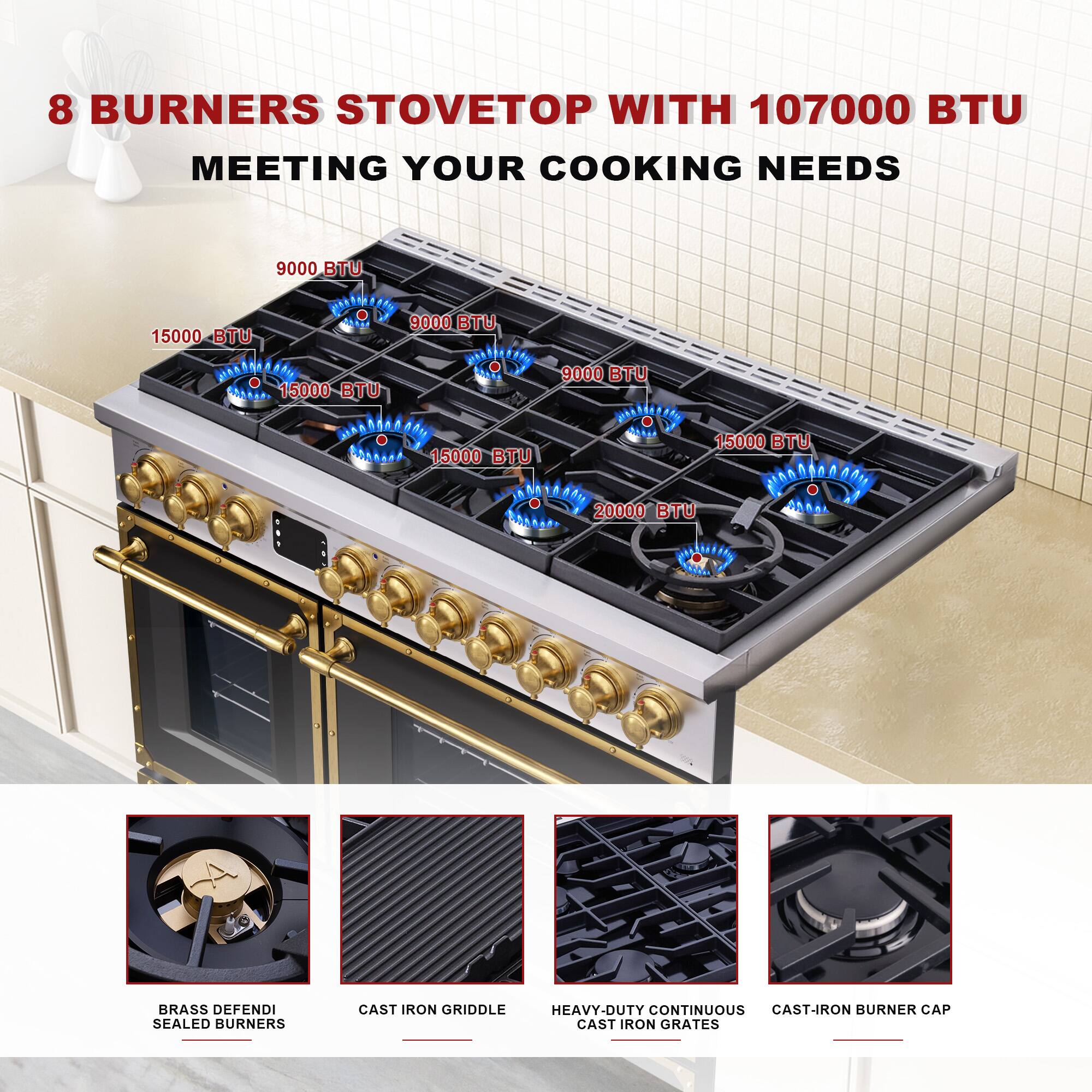 8 BURNERS STOVETOP WITH 107000 BTU MEETING YOUR COOKING NEEDS

9000 BTU  
15000 BTU  
15000 BTU  
15000 BTU  
20000 BTU  

BRASS DEFENDI SEALED BURNERS  
CAST IRON GRIDDLE  
HEAVY-DUTY CONTINUOUS CAST-IRON GRATES  
CAST-IRON BURNER CAP