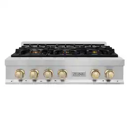 ZLINE - Autograph 36 in. Slide-In Classic Rangetop w/ 6 Burners in Stainless Steel & Polished Gold Accents - Stainless Steel