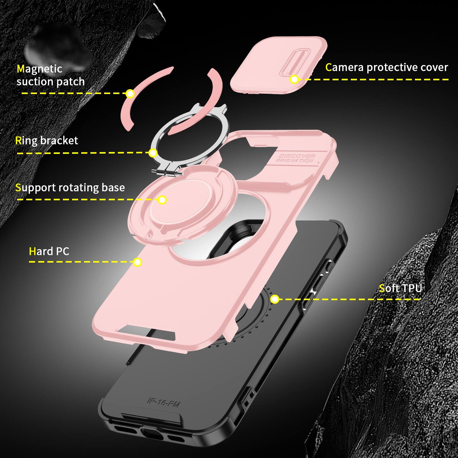 Magnetic suction patch  
Camera protective cover  
Ring bracket  
DISCOVER INNOVATION  
Support rotating base  
Hard PC  
Soft TPU  
IP-16-PM