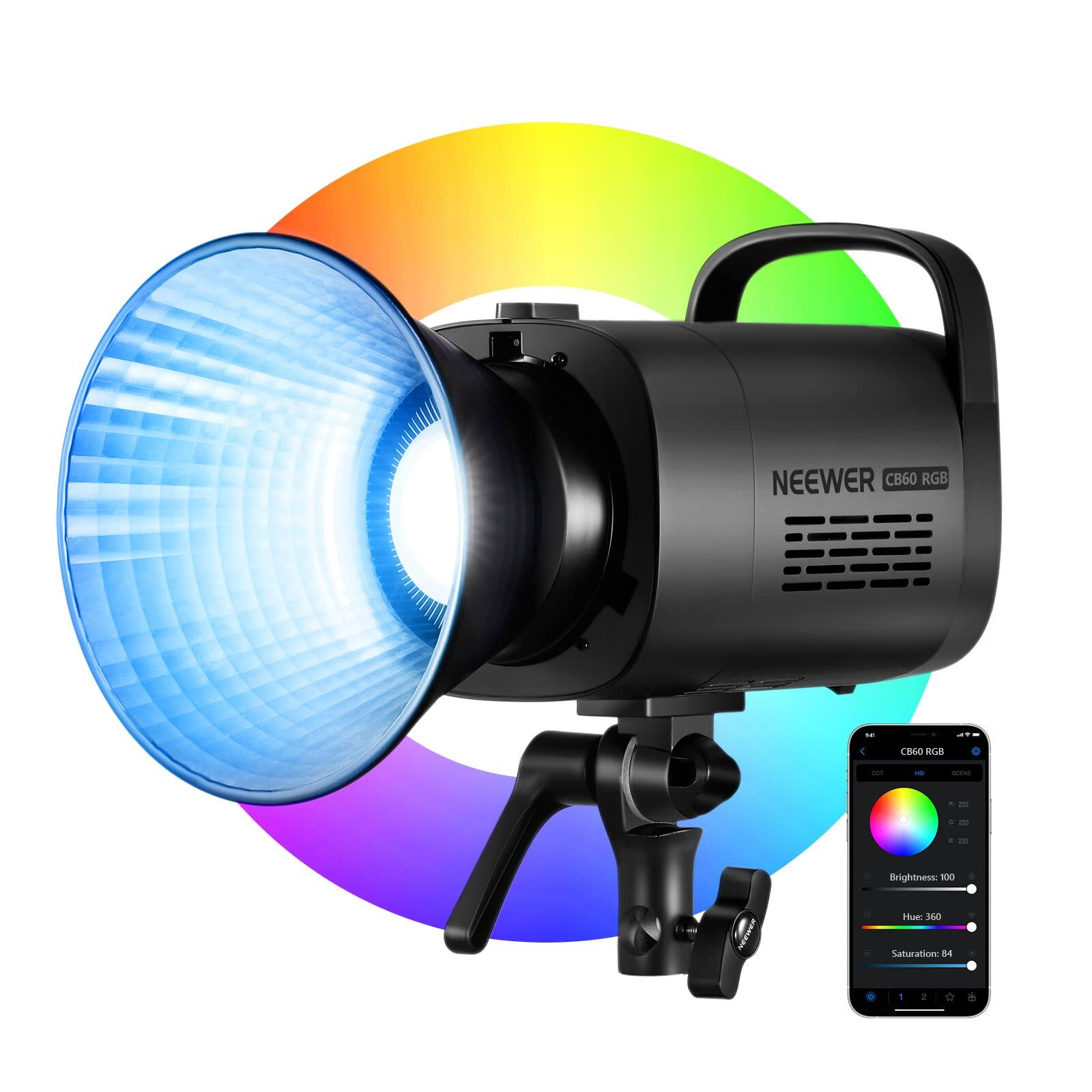 NEEWER CB60 RGB

Brightness 100  
Hue 360  
Saturation 84
