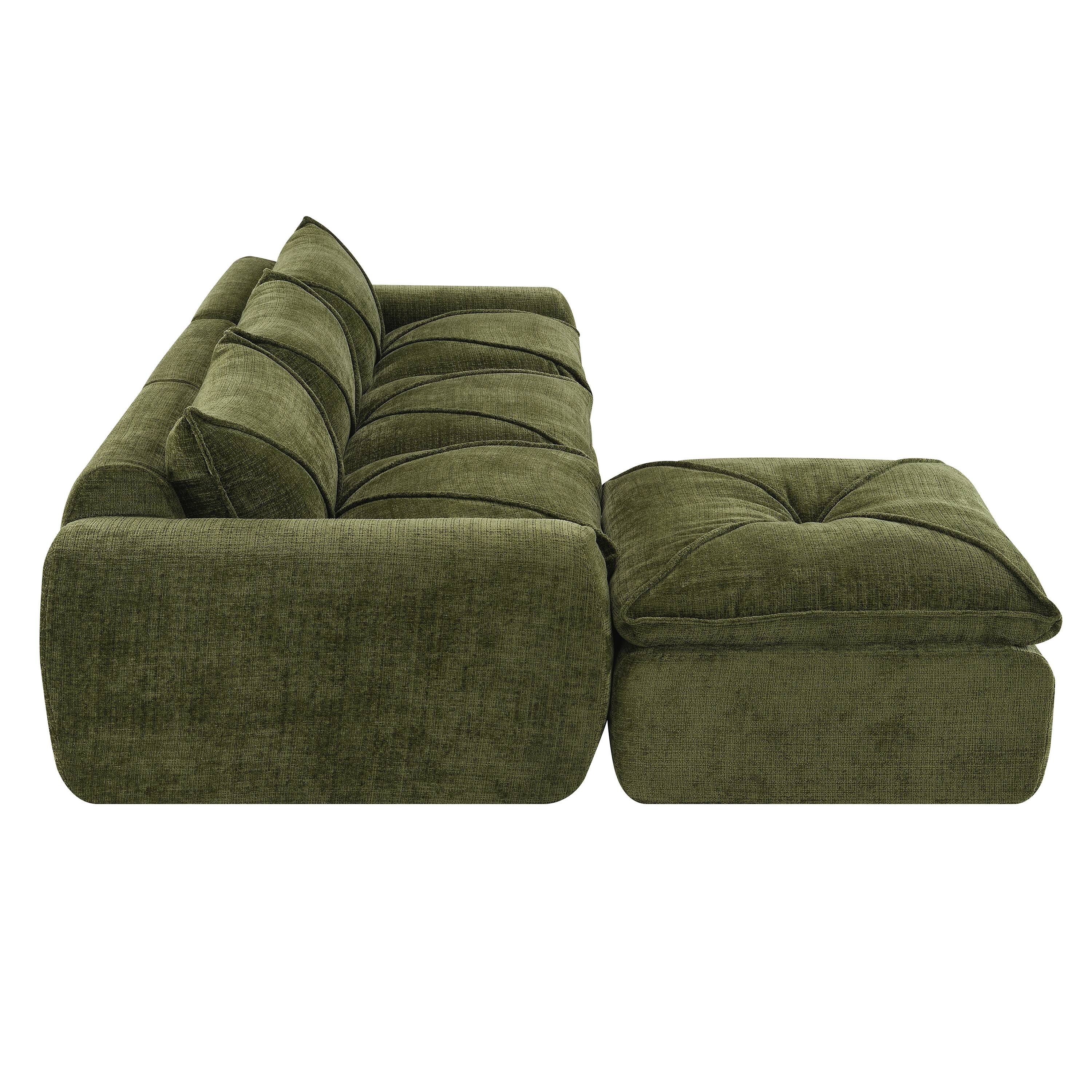 Left. Whisen - Fully Assembled Sectional Sofa with Ottoman,High-Density Foam Legless Floor Couch - Green.