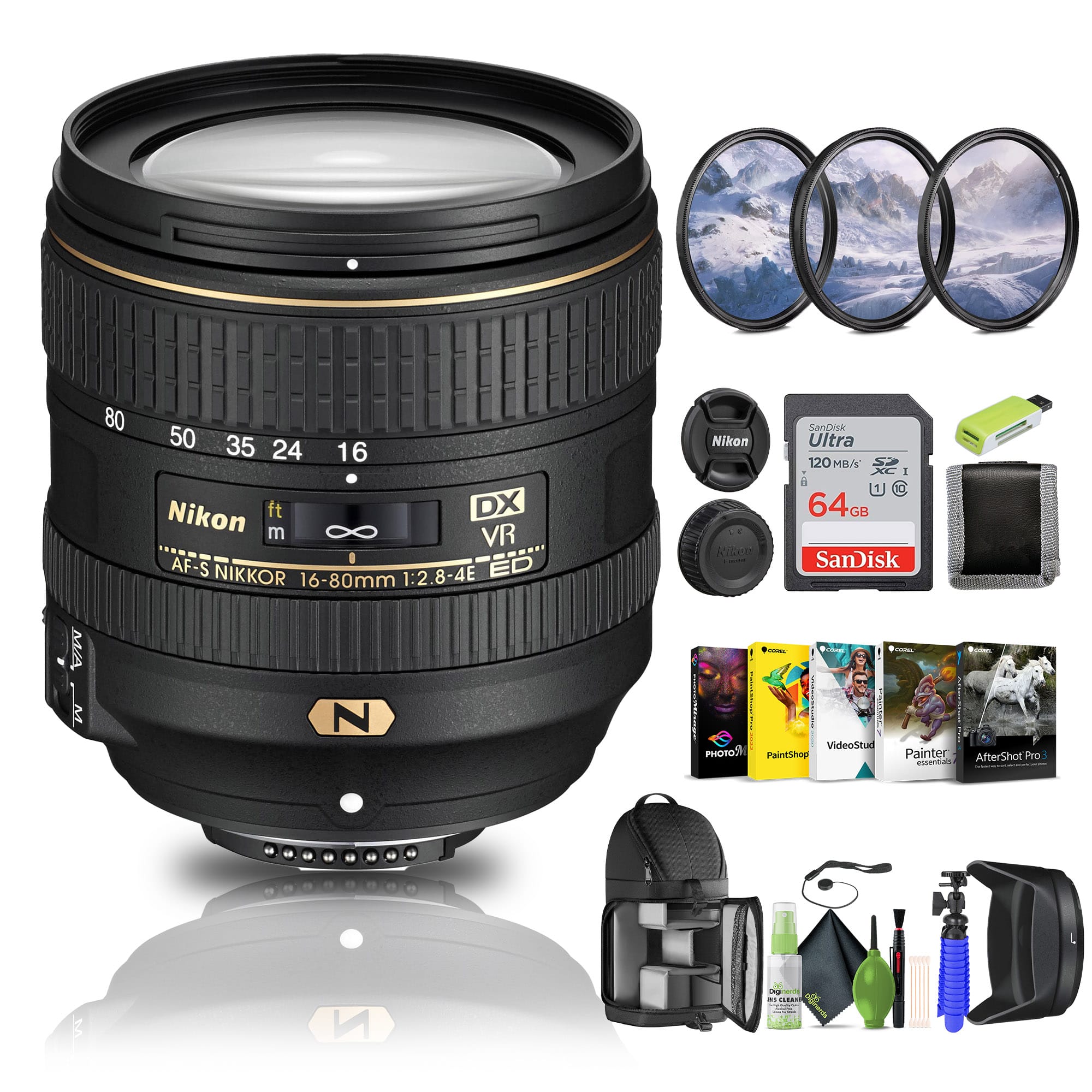 Nikon - AF-S DX NIKKOR 16-80mm f/2.8-4E ED VR Lens (20055) + 64GB Memory Card - Bundle - Black