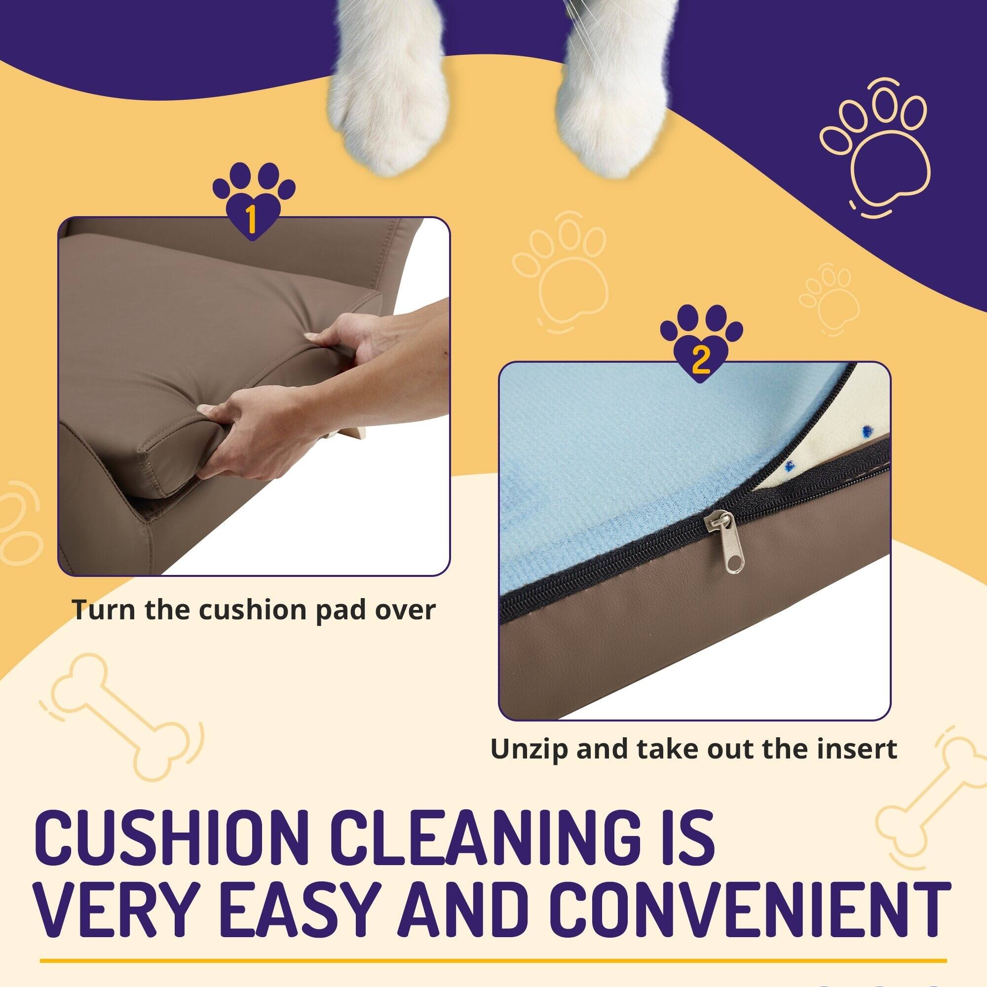 1. Turn the cushion pad over  
2. Unzip and take out the insert  

CUSHION CLEANING IS VERY EASY AND CONVENIENT