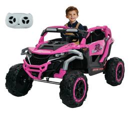 Ecooso - 12V Kids Battery Ride-On UTV Toy Car, 2-Seater Electric Vehicle with Suspension, Music, Lights, Remote Control - Magenta