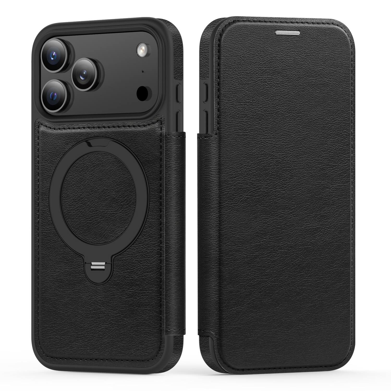 Angle. Dteck - For Apple iPhone 17 Pro Shockproof Leather RFID Blocking Card Slots Full Protection Mag Safe Case RIng Kickstand - Black.