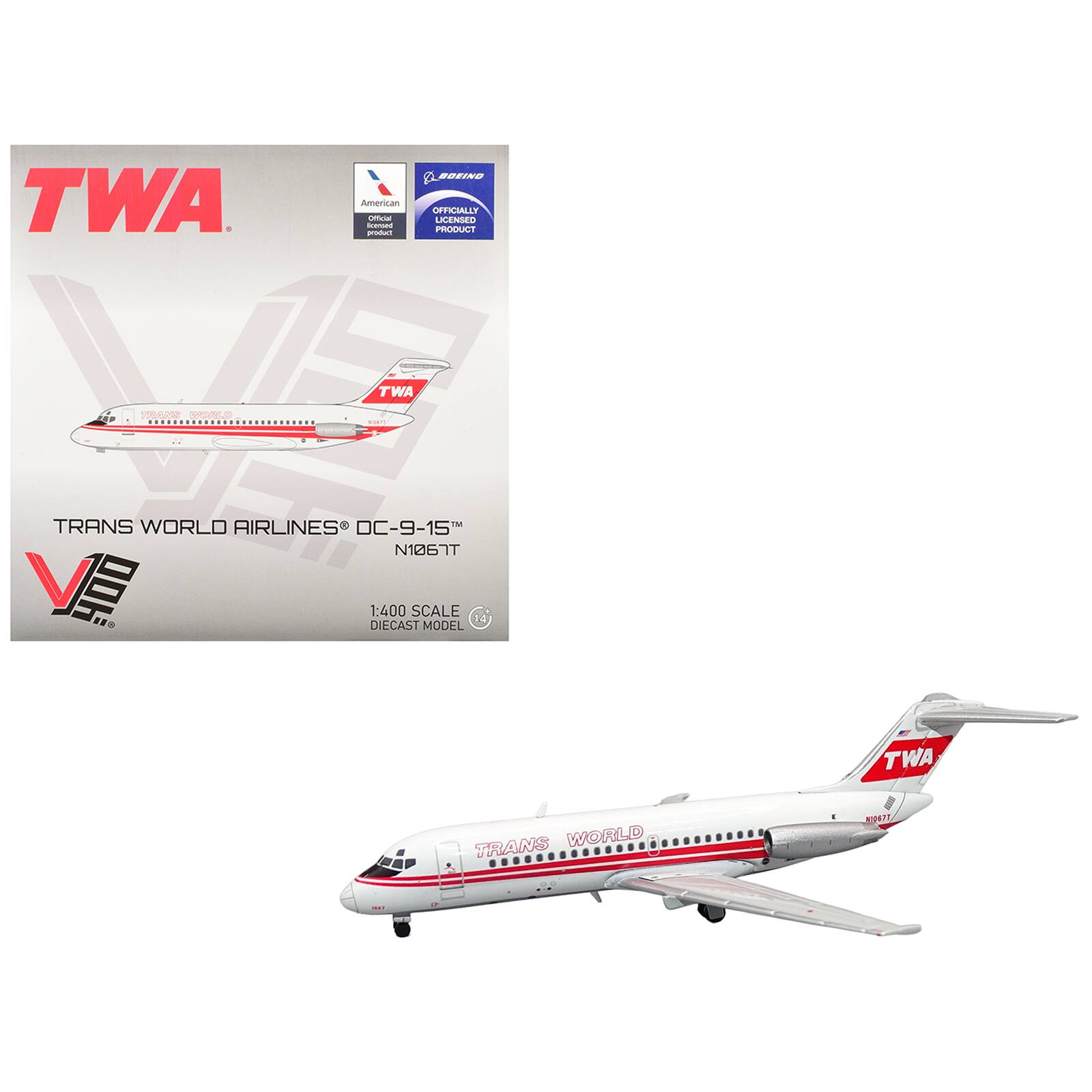 TWA RF  
American Official licensed product  
BOEING OFFICIALLY LICENSED PRODUCT  
TWA  
TRANS WORLD  
start  
TRANS WORLD AIRLINES DC-9-15 N1067T  
1:400 SCALE 14 DIECAST MODEL  
TWA  
TRANS WORLD  
N1067T