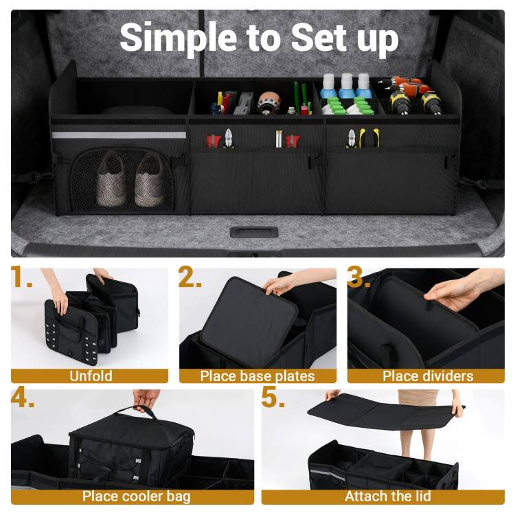 Simple to Set up

1. Unfold
2. Place base plates
3. Place dividers
4. Place cooler bag
5. Attach the lid