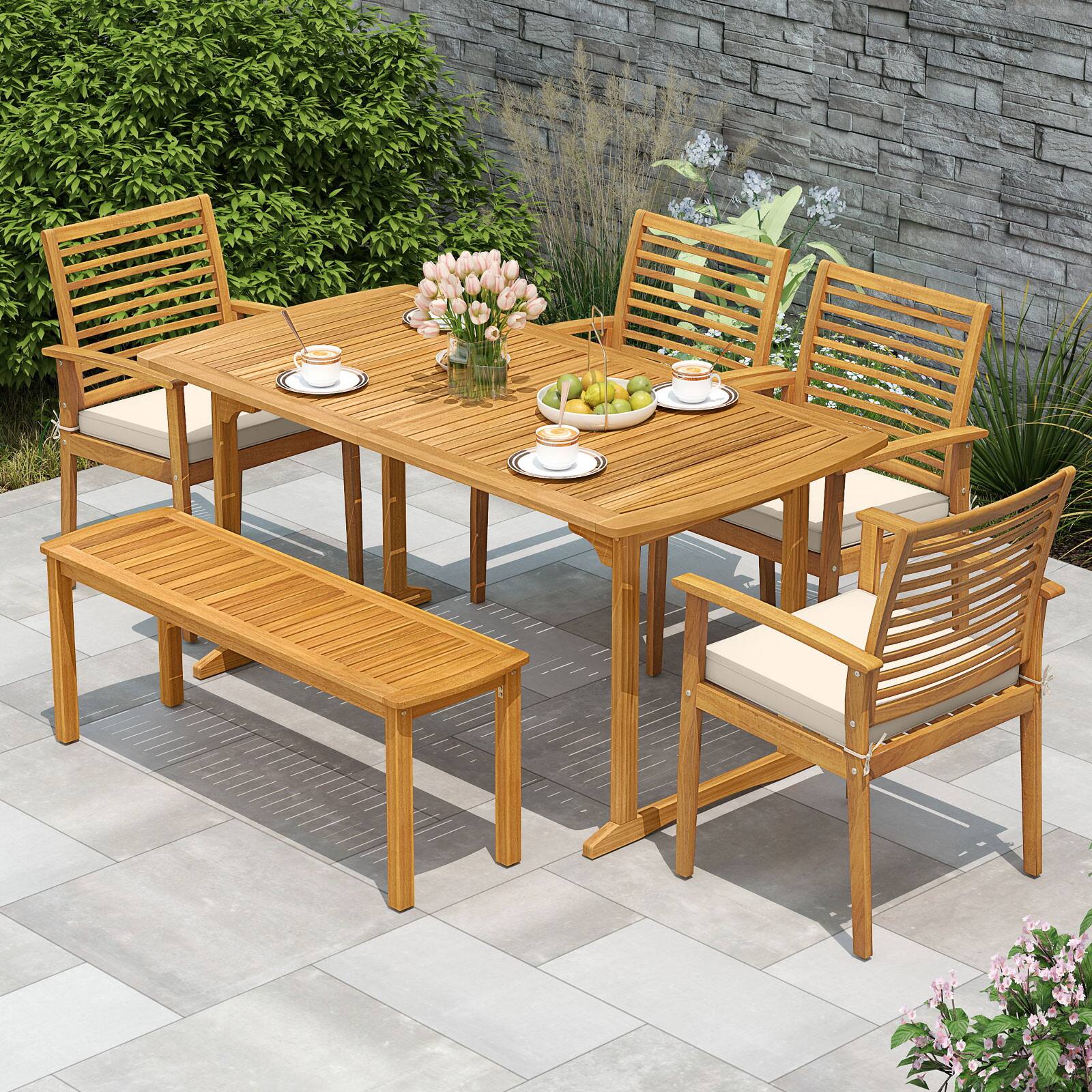 Alt View 1. Costway - Costway 6PCS Outdoor Acacia Wood Dining Set Rectangle Dining Table with 4 Chairs & Bench - Natural.