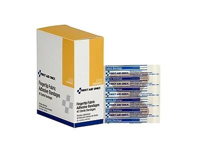 FIRST AID ONLY  
Fingertip Fabric Adhesive Bandages  
40 Sterile Bandages  

FIRST AID ONLY  
Fingertip Fabric Adhesive Bandages  
40 Sterile Bandages