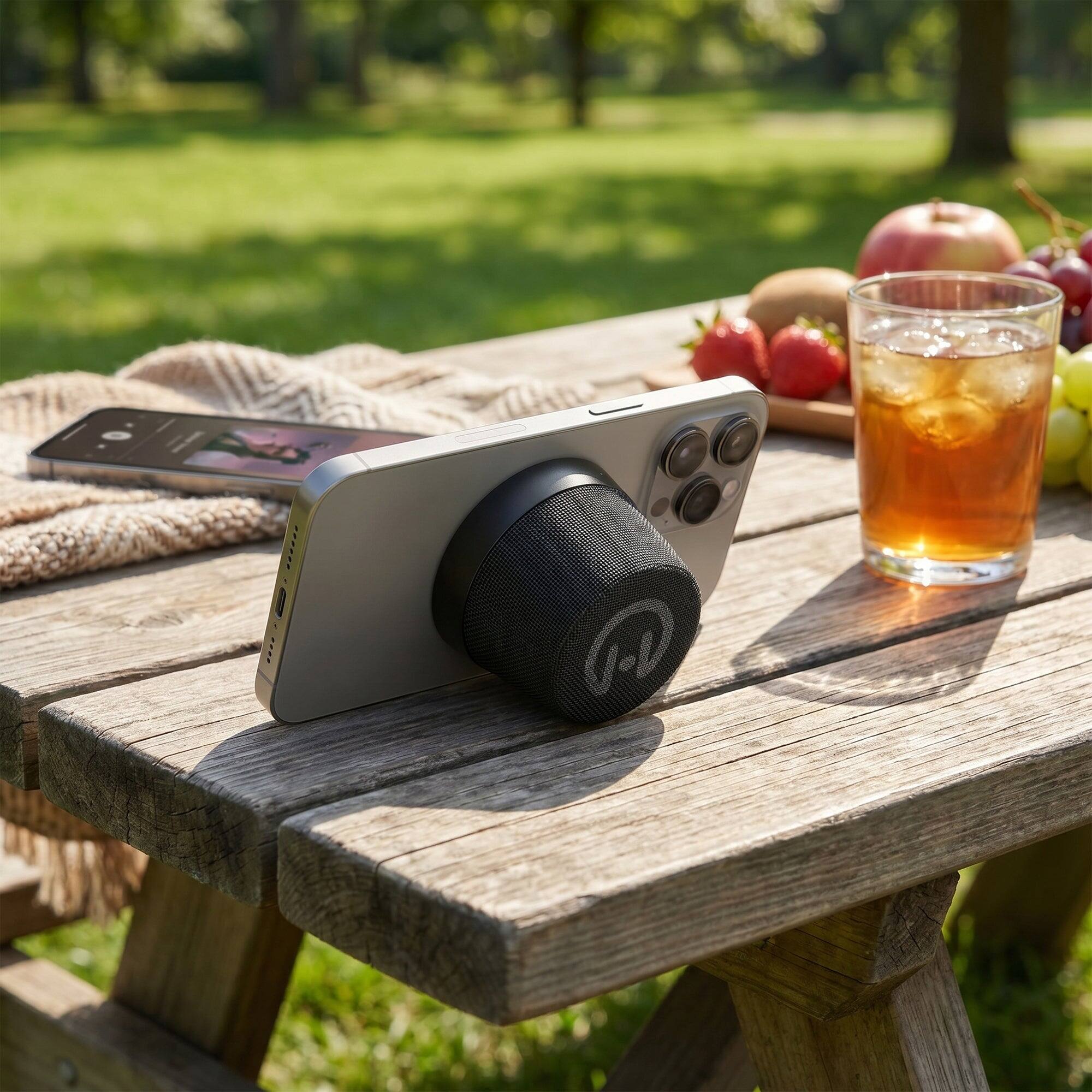 The image shows a portable speaker placed on a wooden picnic table in a park setting. There is a glass of iced tea and some fruits, including strawberries and grapes, on the table. A smartphone is also visible in the background.