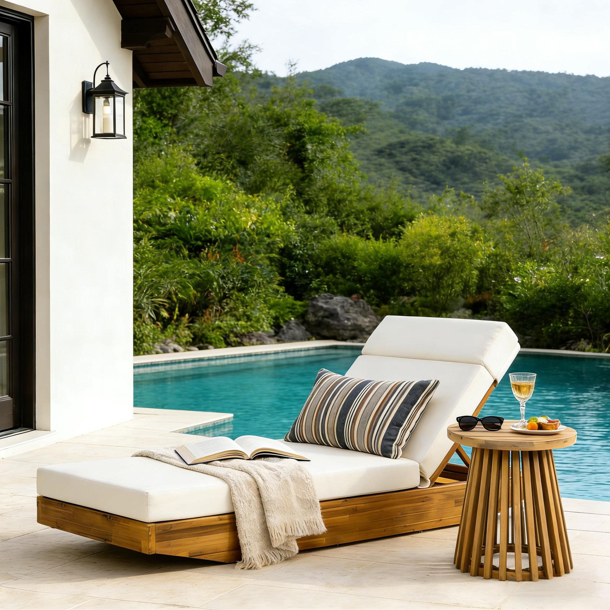 Anysun - Assembly Foldable Design Modern Acacia Wood Outdoor Chaise Lounge with Water-Repellent Cushion, Integrated Headrest - Cream