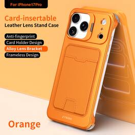 Dteck - Frameless Slim Wallet Case for Apple iPhone 17 Pro with Integrated Alloy Lens Stand, RFID Blocking Card Holder Cover - Orange