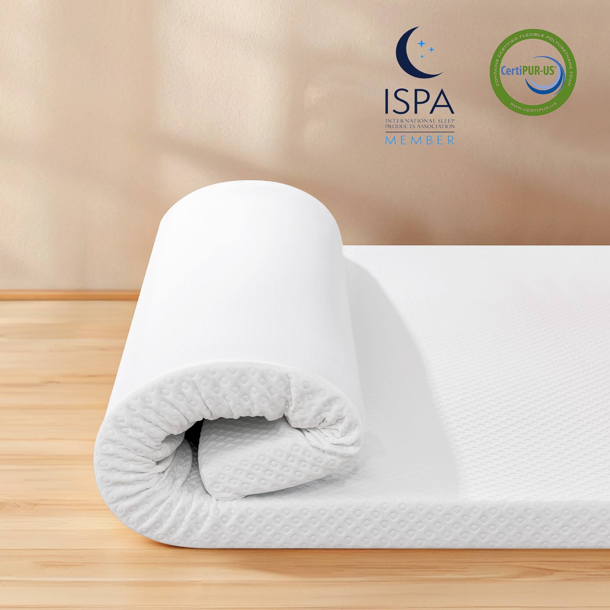 The text on the image is:

- ISPA (International Sleep Products Association) Member
- CertiPUR-US

The corrected and grouped text is:

"ISPA (International Sleep Products Association) Member, CertiPUR-US."