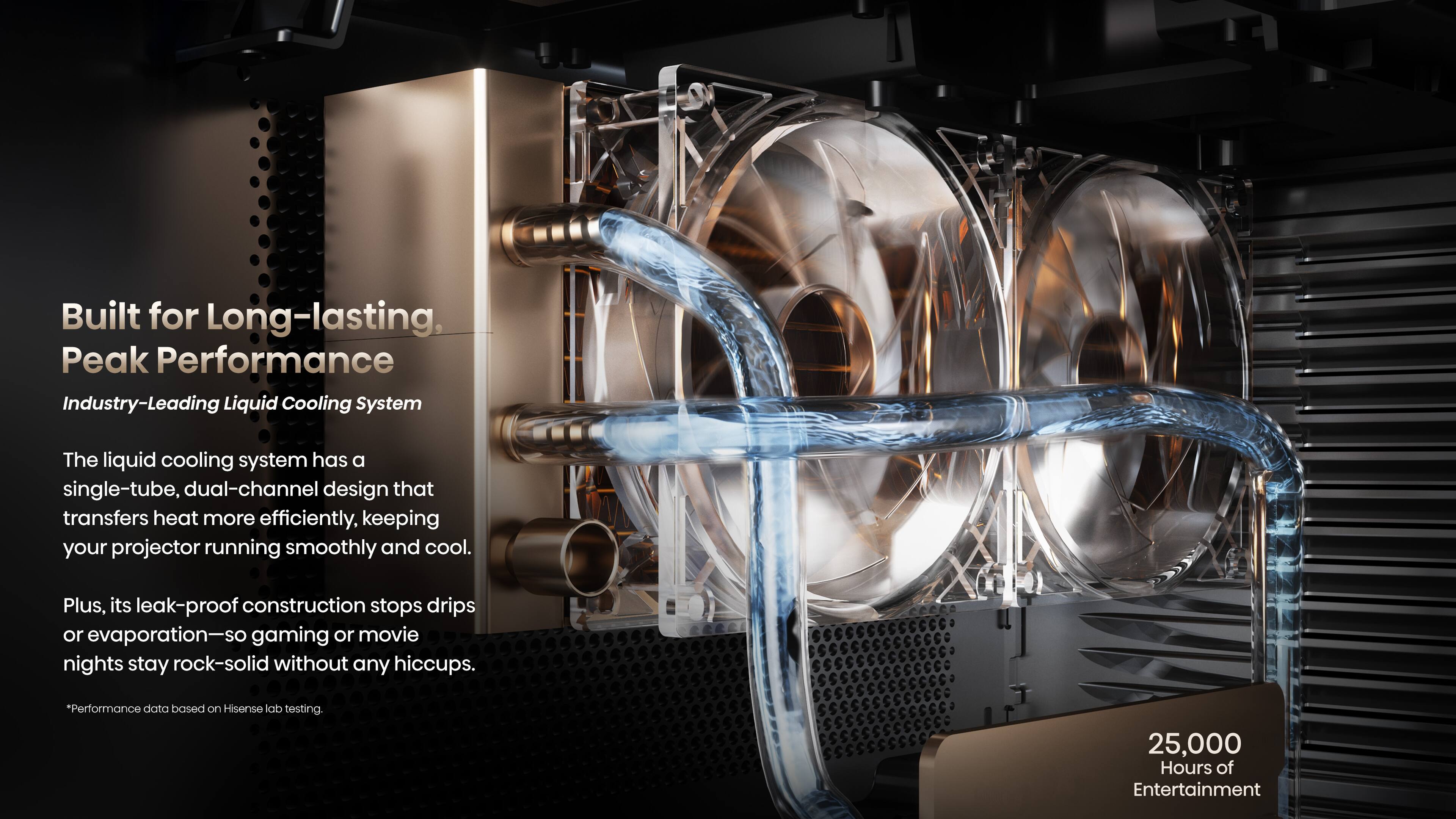 Built for Long-lasting, Peak Performance

Industry-Leading Liquid Cooling System

The liquid cooling system has a single-tube, dual-channel design that transfers heat more efficiently, keeping your projector running smoothly and cool. Plus, its leak-proof construction stops drips or evaporation—so gaming or movie nights stay rock-solid without any hiccups.

*Performance data based on Hisense lab testing.

25,000 Hours of Entertainment