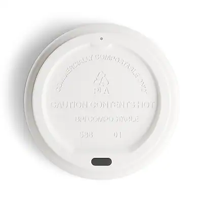 Certainly! Here is the corrected and grouped text from the image:
---
**Commercially Compostable PLA Only**
**Caution: Contents Hot**
**BPI Compostable**
**588 01**