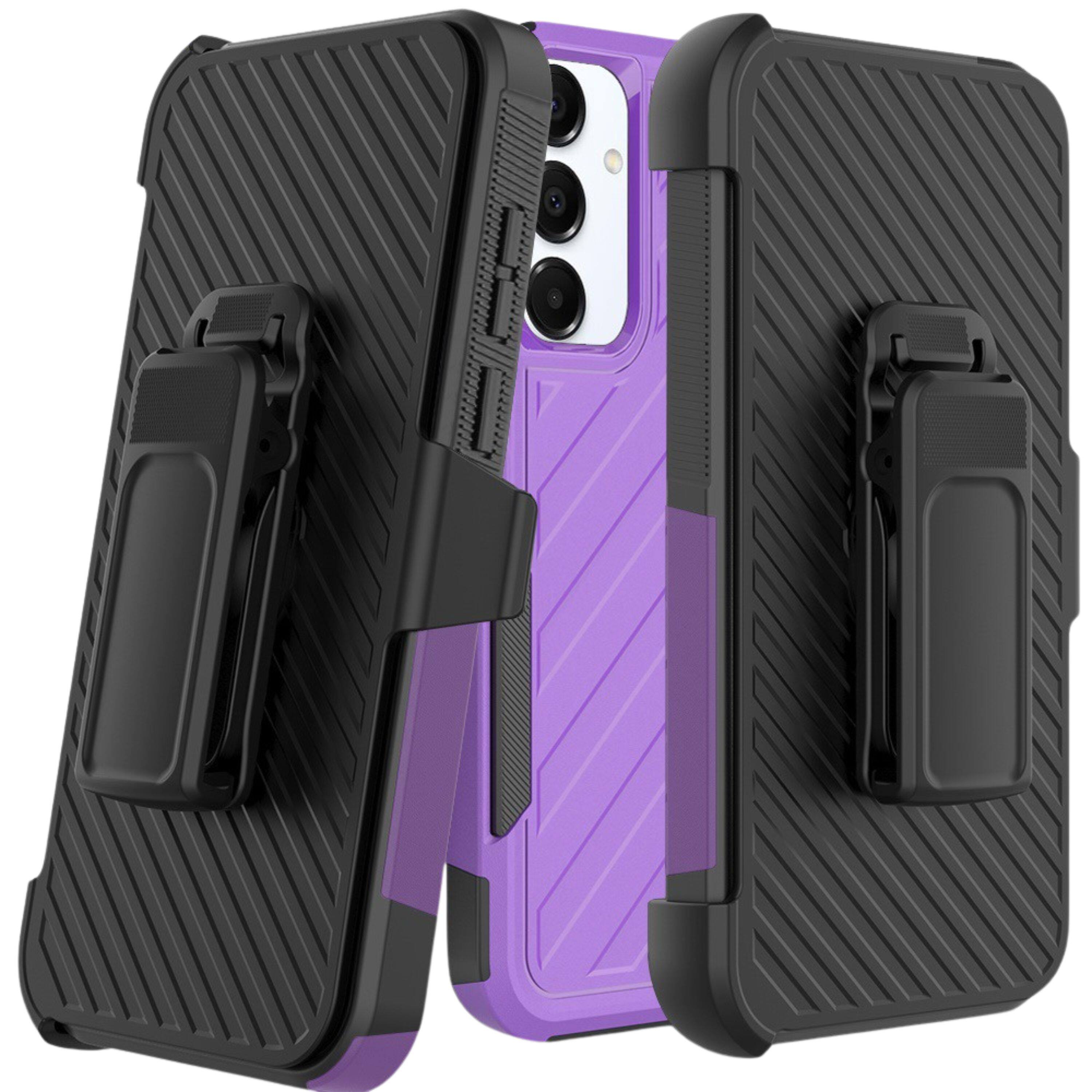Angle. Kitcheniva - Heavy-Duty Holster Combo Lined Cover Plus Tempered Glass For Samsung A36/A56 Dark Purple/Black - Dark Purple/Black.