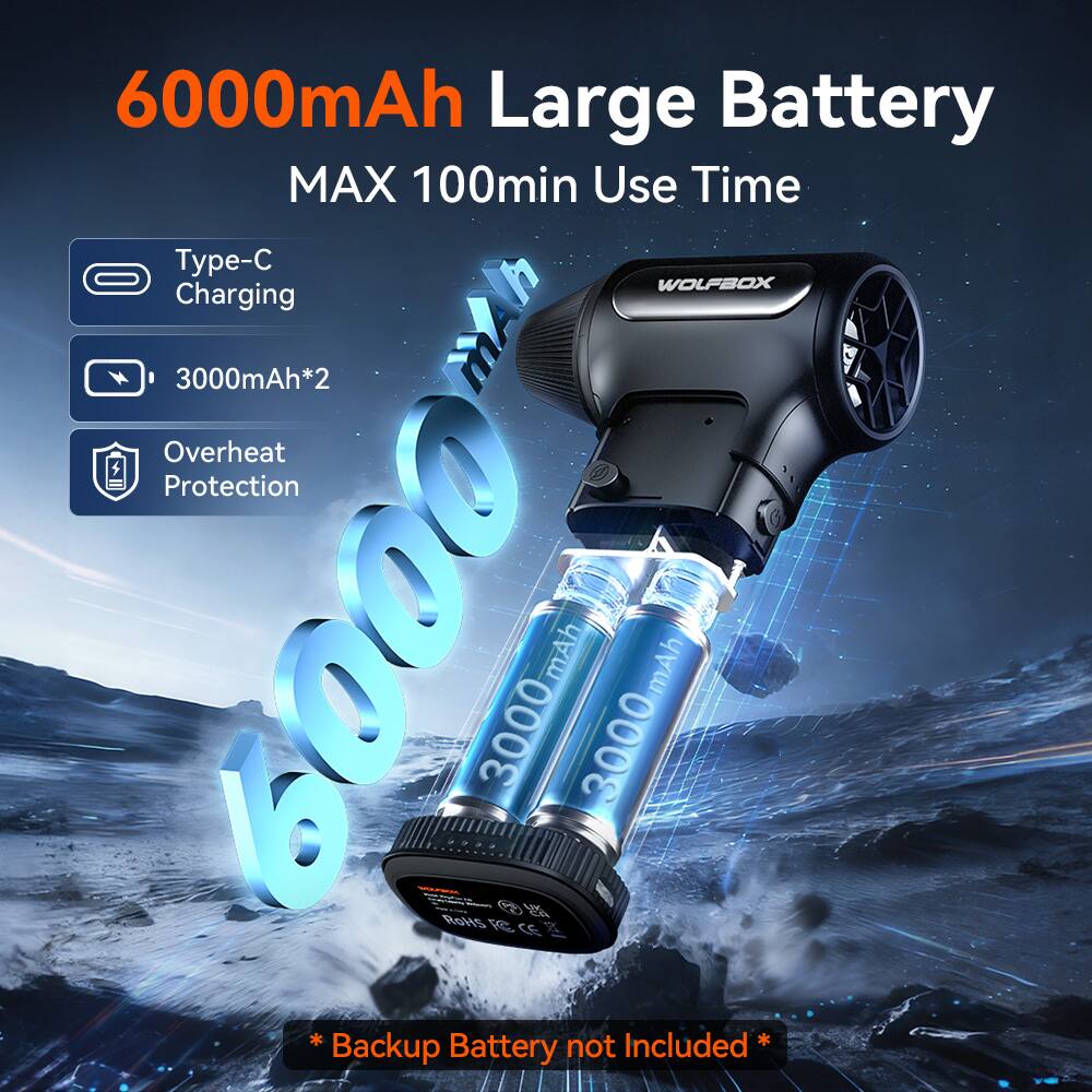 6000mAh Large Battery  
MAX 100min Use Time  

Type-C Charging  
3000mAh*2  
Overheat Protection  

6000mAh  

* Backup Battery not Included *