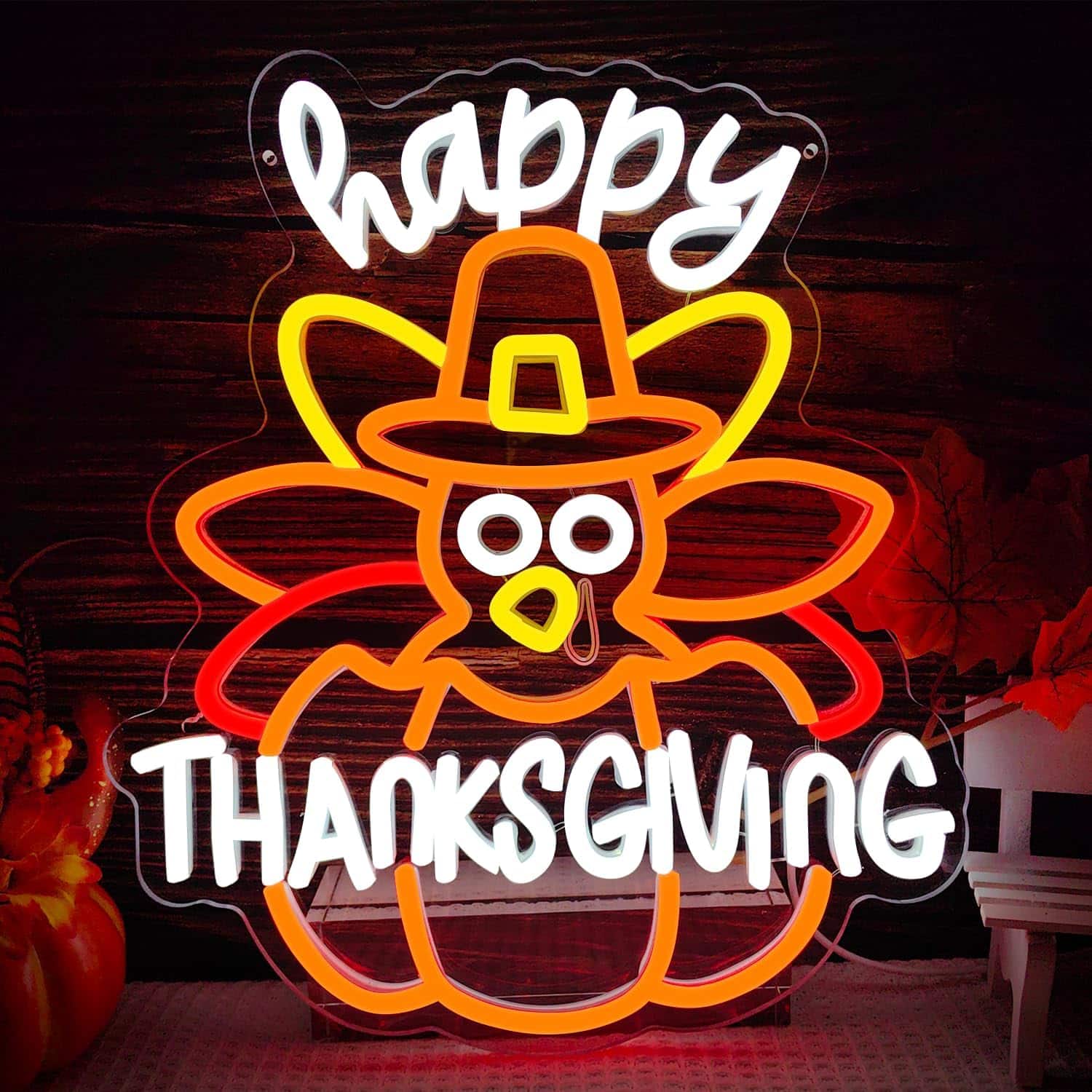 Auledio - Happy Thanksgiving Neon Sign Turkey Neon Sign Dimmable Pumpkin Neon Light Happy Thanksgiving Sign for Wall Decor - Multicolor