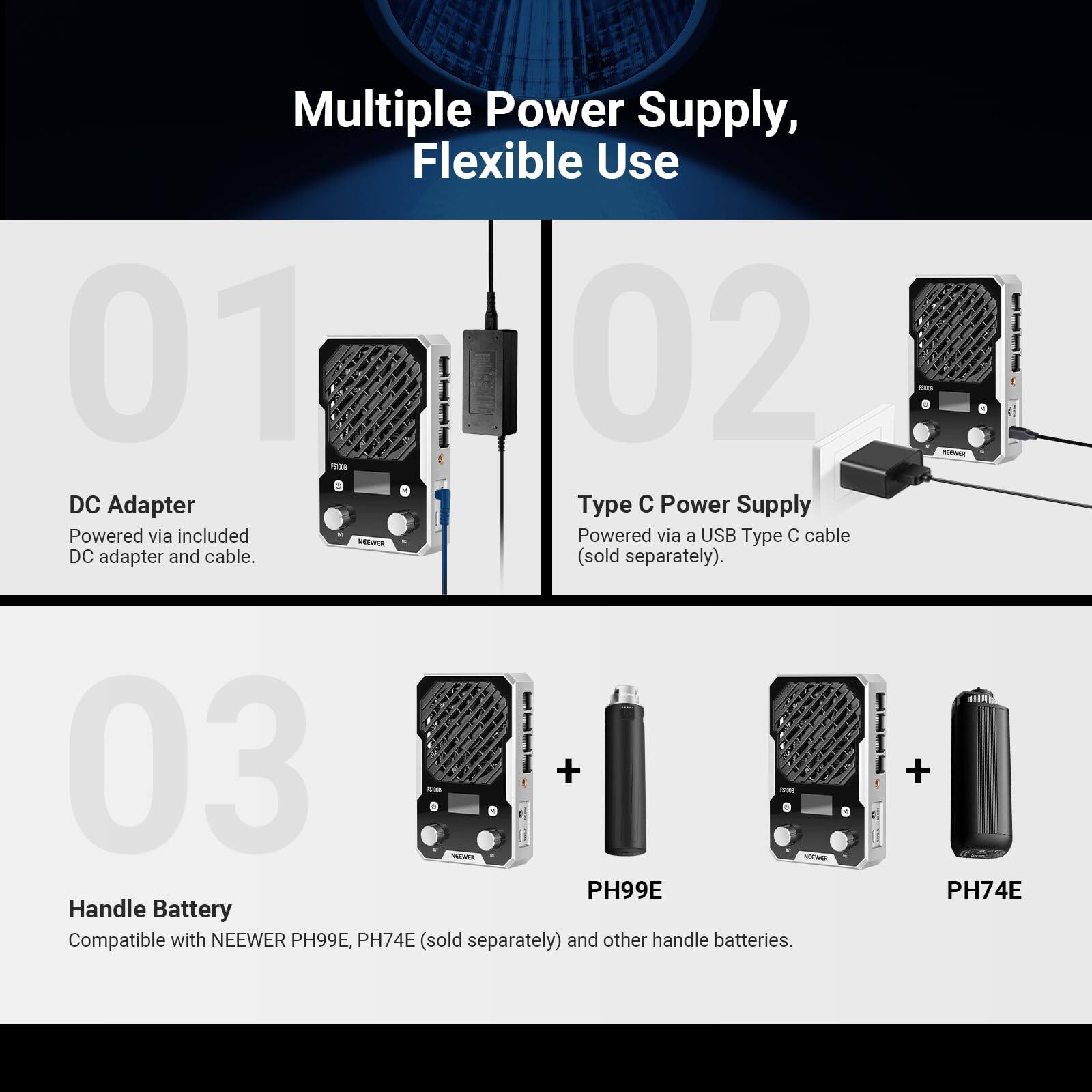 Multiple Power Supply, Flexible Use

01 DC Adapter  
Powered via included DC adapter and cable.

02 Type C Power Supply  
Powered via a USB Type C cable (sold separately).

03 Handle Battery  
Compatible with NEEWER PH99E, PH74E (sold separately) and other handle batteries.