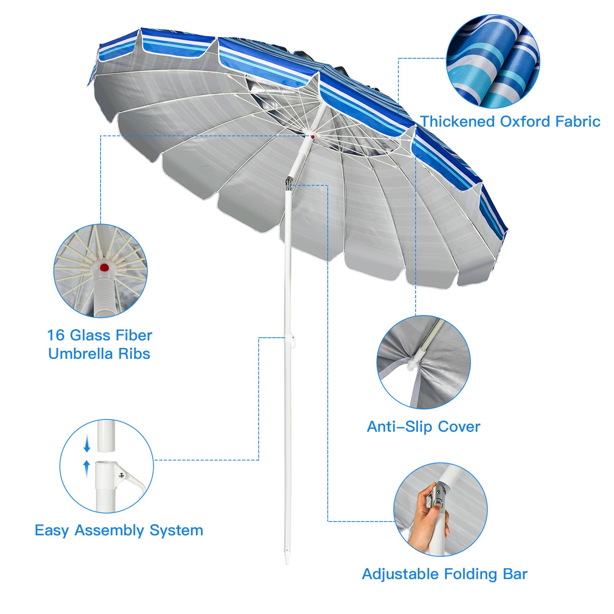 Thickened Oxford Fabric  
16 Glass Fiber Umbrella Ribs  
Anti-Slip Cover  
Easy Assembly System  
Adjustable Folding Bar