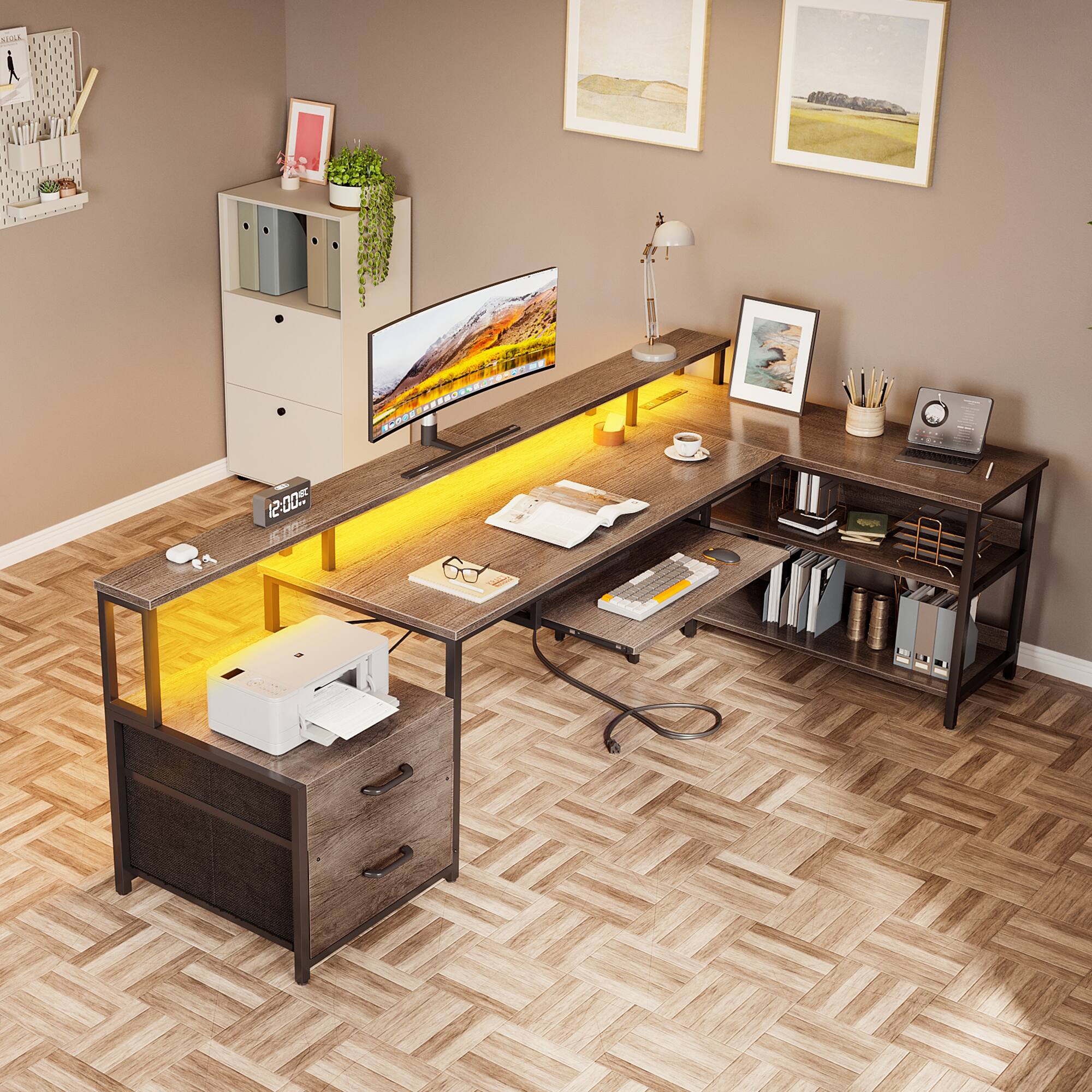 Alt View 3. AODK - L-Shaped Reversible Computer Desk with LED Lights, File Drawer, Power Outlets, Storage Shelves & Keyboard Tray - Gray.