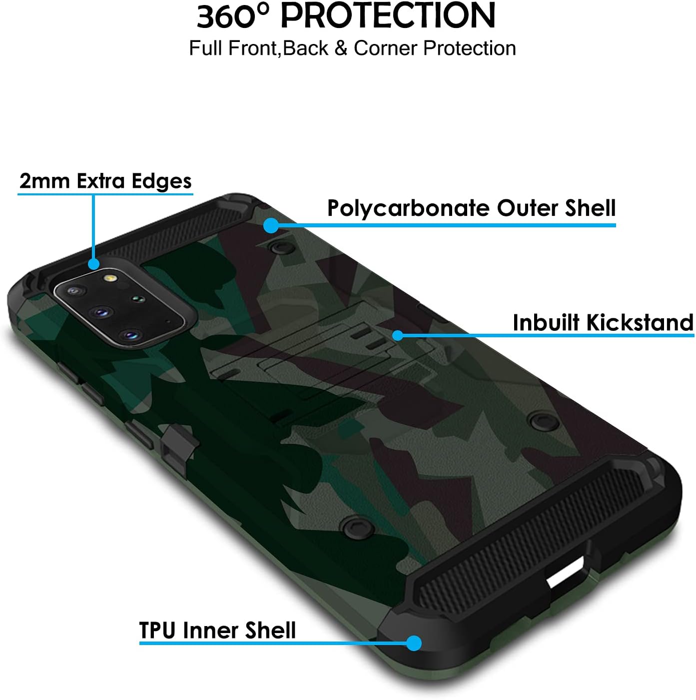 360° PROTECTION  
Full Front, Back & Corner Protection

2mm Extra Edges  
Polycarbonate Outer Shell  
Inbuilt Kickstand  
TPU Inner Shell