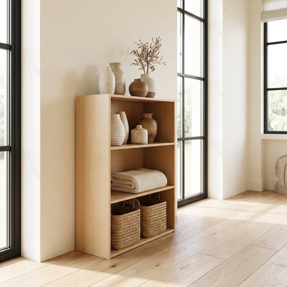Left. FurniFact - Wooden 3-Tier Open Shelf with Finish for Storage and Display - Steam Beech.
