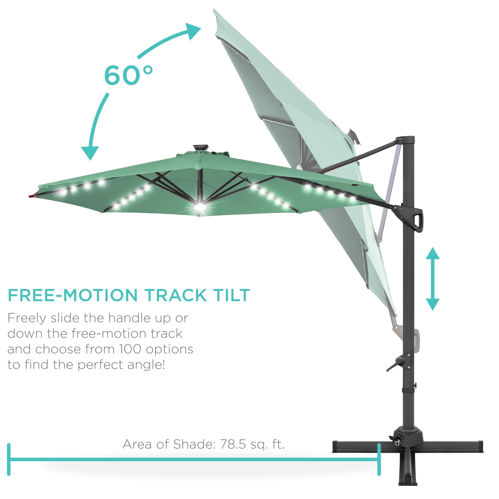 FREE-MOTION TRACK TILT  
Freely slide the handle up or down the free-motion track and choose from 100 options to find the perfect angle!  

Area of Shade: 78.5 sq. ft.