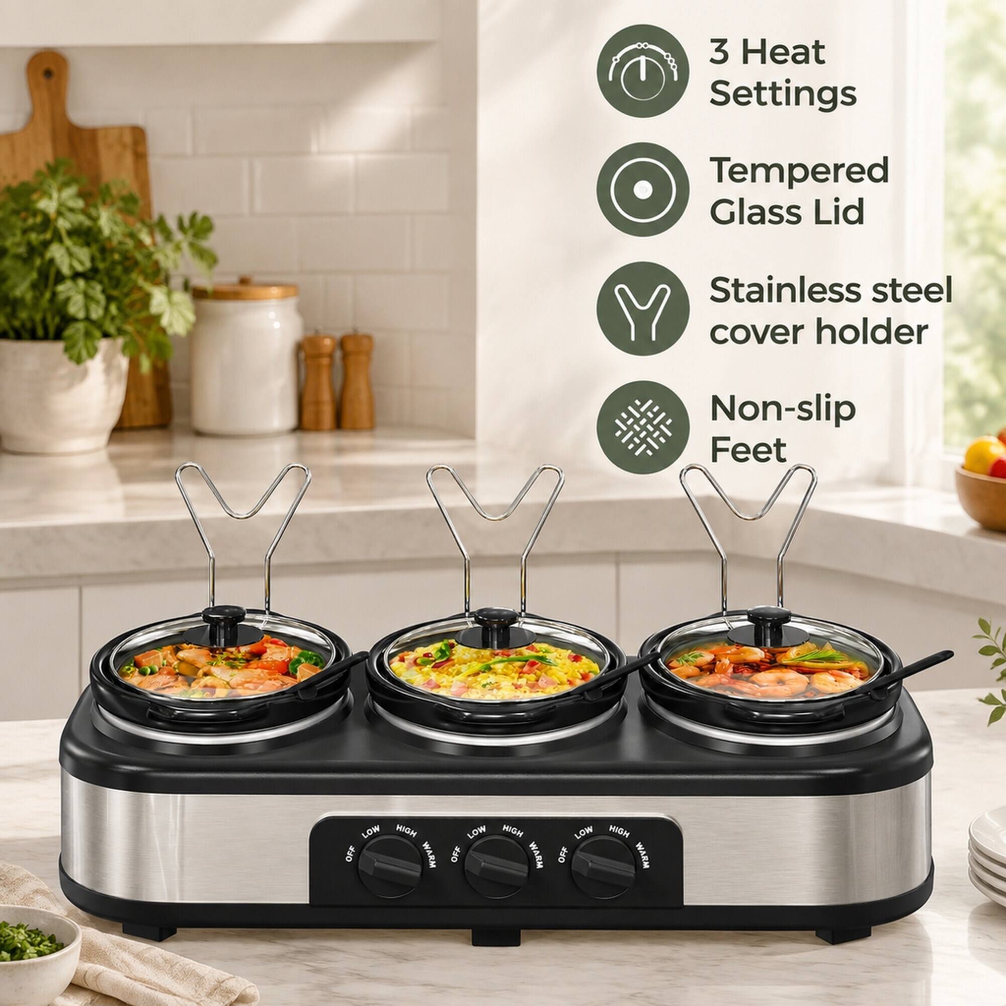 3 Heat Settings  
Tempered Glass Lid  
Stainless steel cover holder  
Non-slip Feet  
LOW HIGH OFF WARM