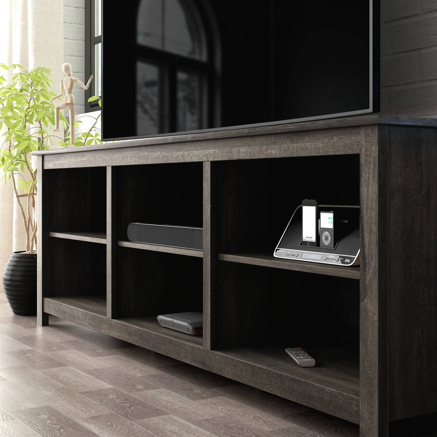 Angle. SlickBlue - Large Wood TV Stand, 70-Inch Entertainment Unit for 78-Inch TVs - Dark Brown.