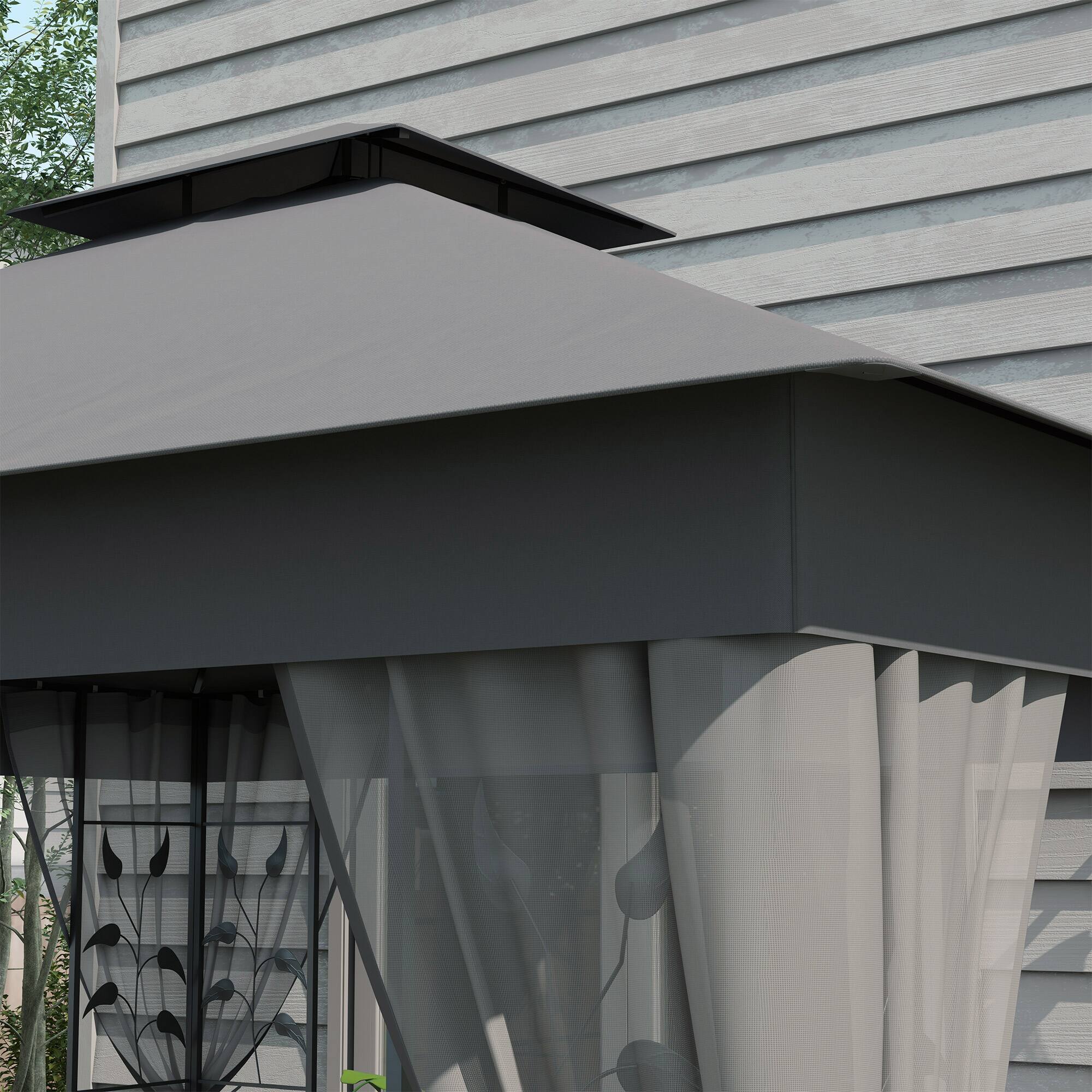 Alt View 5. Outsunny -  10' x 11.5' Metal Patio Gazebo, Double Roof Outdoor Gazebo Canopy Shelter with Tree Motifs Corner Frame - Gray.