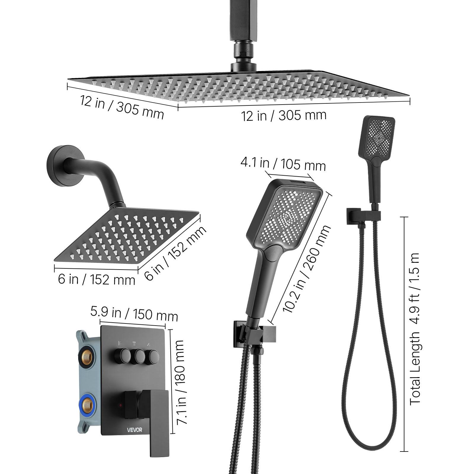 - 12 in / 305 mm
- 12 in / 305 mm
- 4.1 in / 105 mm
- 6 in / 152 mm
- 5.9 in / 150 mm
- 7.1 in / 180 mm
- 10.2 in / 260 mm
- Total Length: 4.9 ft / 1.5 m