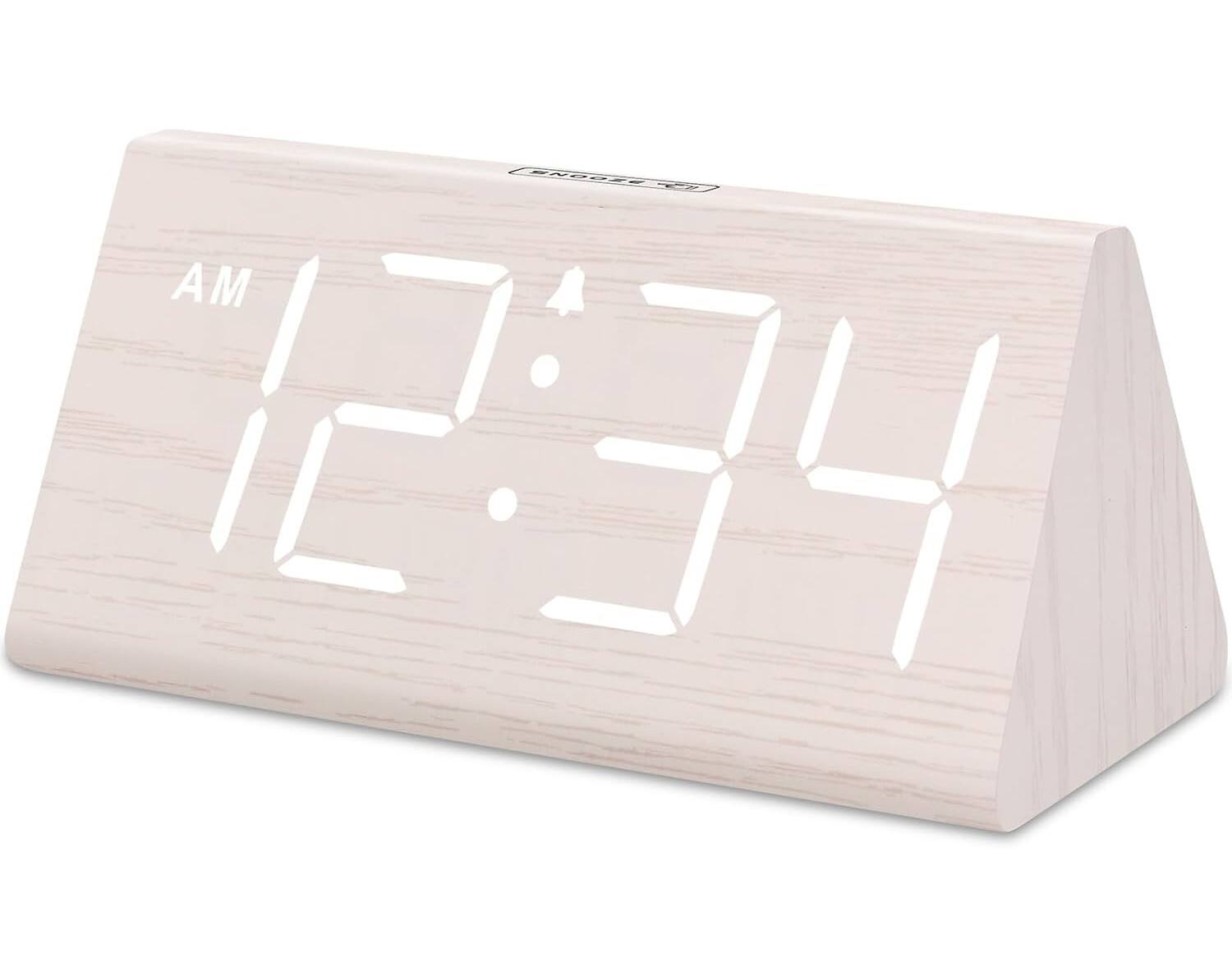 FINEAK - Adjustable Volume Wooden Digital Alarm Clock with Large Display & USB Charger - White (Plug-in)