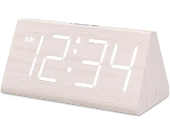 Front. FINEAK - Adjustable Volume Wooden Digital Alarm Clock with Large Display & USB Charger - White (Plug-in).