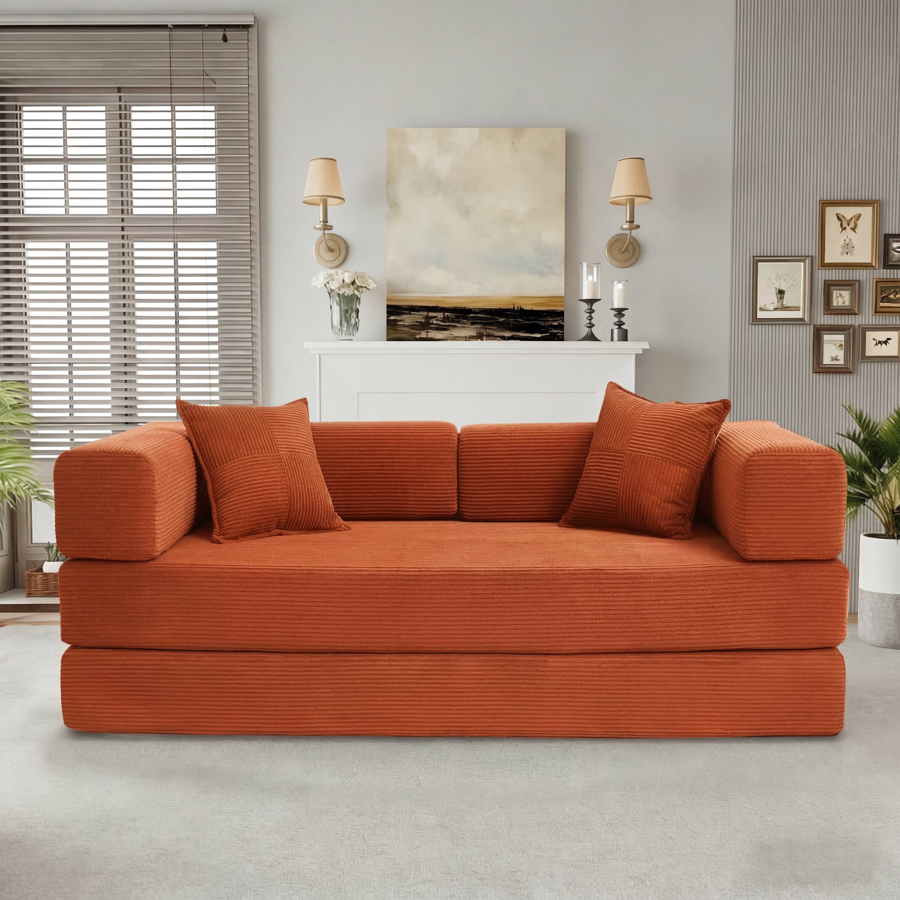 Left. Dyonery - 78.74" Sectional Modular Sofa Bed, Boneless Loveseat Couch with Armrest for Living Room Bedroom Guest Room - Orange.