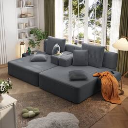 Anysun - Multi-Functional Frameless Convertible Plush Corduroy Chaise Lounge Sofa Bed with Storage Pockets, 6 Soft Pillows - Dark Gray