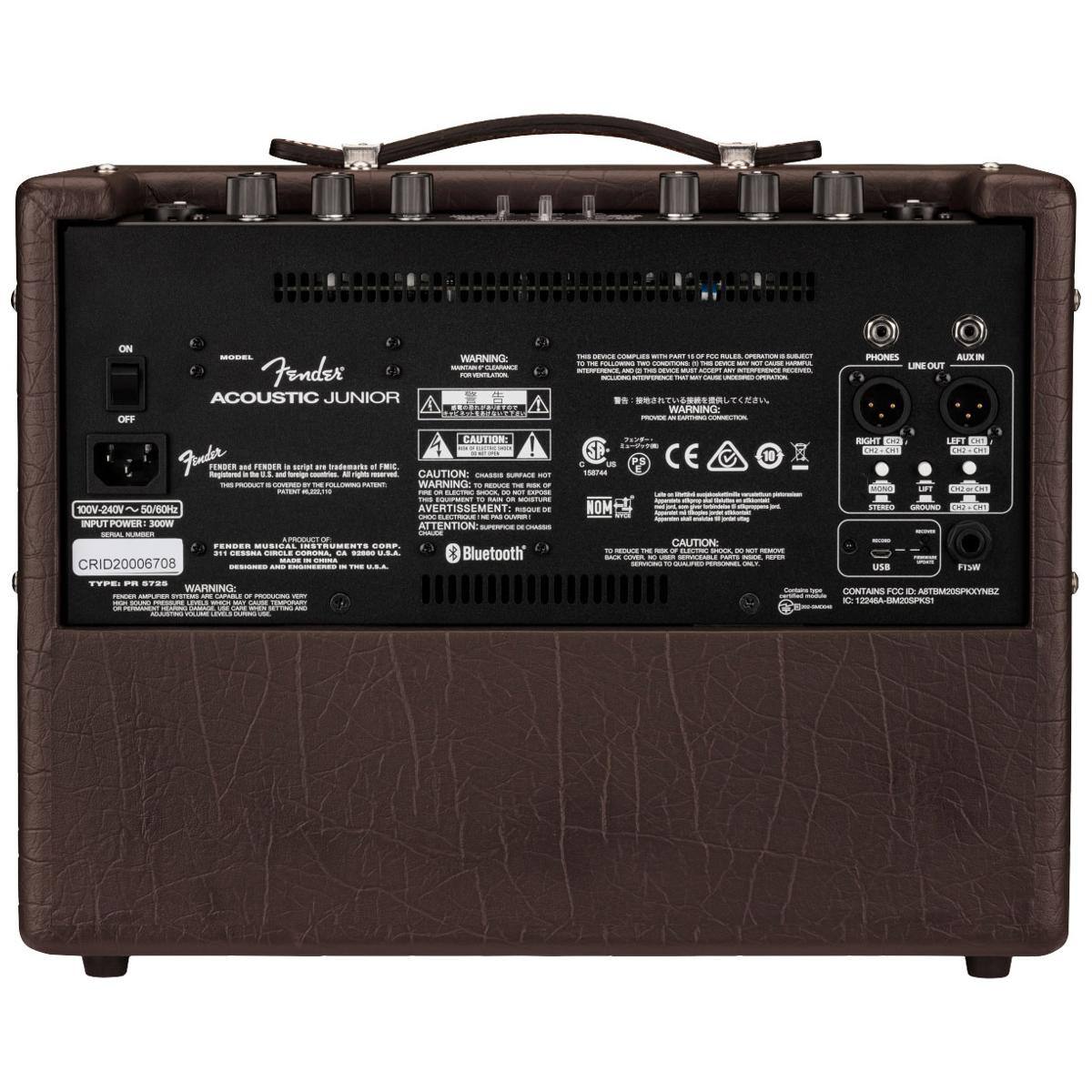 ON - WARNING - Fender ACOUSTIC JUNIOR  
OFF - CAUTION - Jrde TERES - and de TS 4.  
- a srian an nma 1 - - - CAUTION - SUNFACE - - - - - - WARNING - - - - - - - adra - -- - - - - RAm - VOHD-VOO 5G/SOHa AVERTISSEMENT -E .  
- - INPUT POWER SOOW ATTENTION - - -A FENDER TRUMESTS SOP ... C CONDLE -  
- U.S.A Bluetooth --- CRID20006708 - - - - - - - ... -  1 - - - - - - - - - -  - - -  
WARNING - - - CE 10 178 NOM CAUTONI - - - - - - a - - PHONES AUXI LINE OUT IA .eo LAFT FH MONO T HENER I GR usB FISE TYPEI - .... WARNING F - GUNTAR FOO d ATSUNE D 1204-G

---

MODEL: Fender ACOUSTIC JUNIOR  
INPUT POWER: 100V-