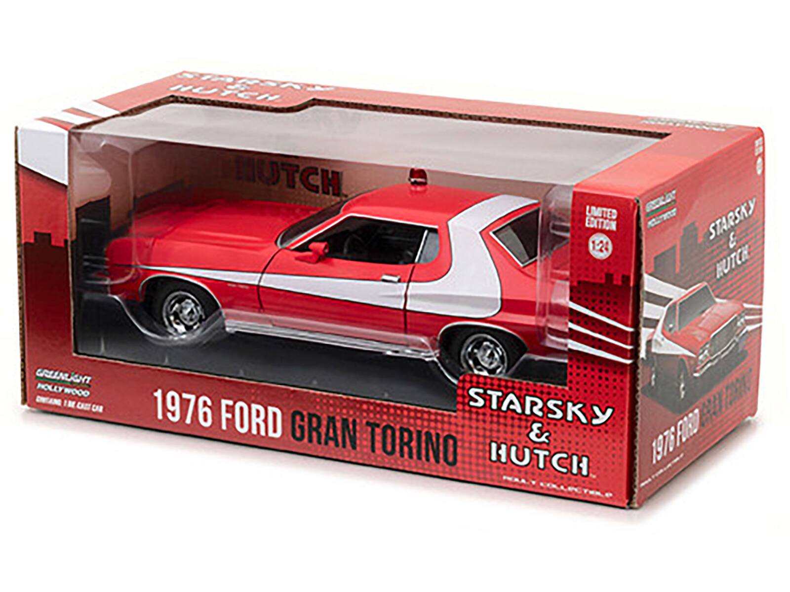 Sure, here is the corrected and grouped text from the image:

---

**STARSKY & HUTCH**

**1976 FORD GRAN TORINO**

**GREENLIGHT HOLLYWOOD**

**1:24**

**LIMITED EDITION**

**STARSKY & HUTCH**

**1976 FORD GRAN TORINO**

---

This text is from the packaging of a model car.